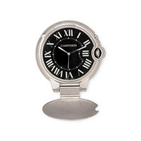 CARTIER, STAINLESS STEEL 'BALLON BLEU' ALARM DESK CLOCK, BOX & PAPERS