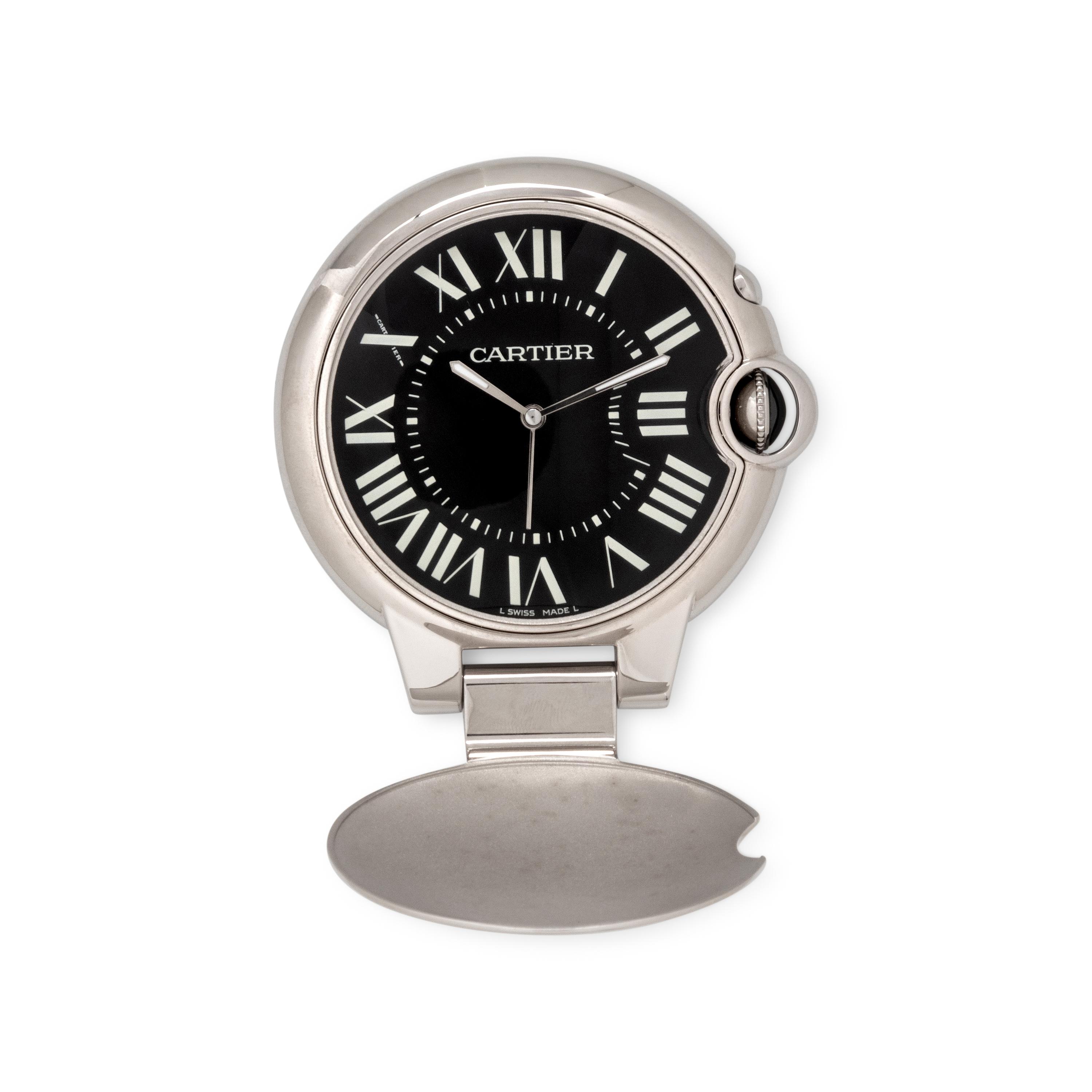 CARTIER, STAINLESS STEEL 'BALLON BLEU' ALARM DESK CLOCK, BOX & PAPERS