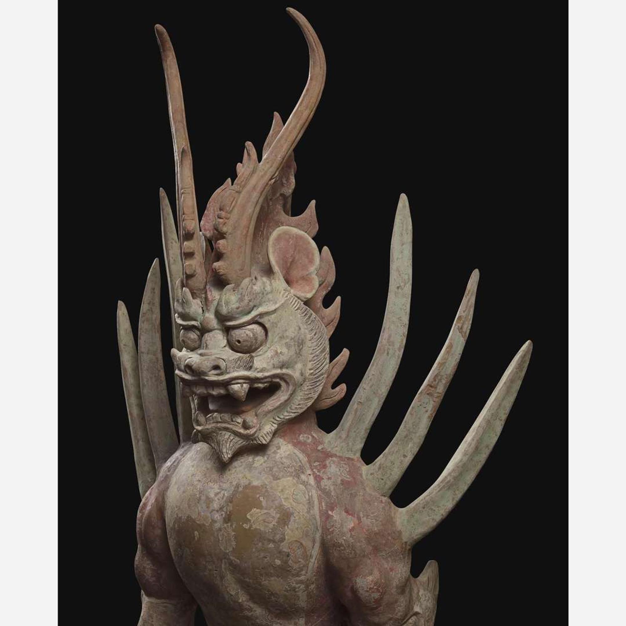 An impressive pair of large painted pottery "Earth Spirits" 镇墓兽一对 Tang dynasty ?