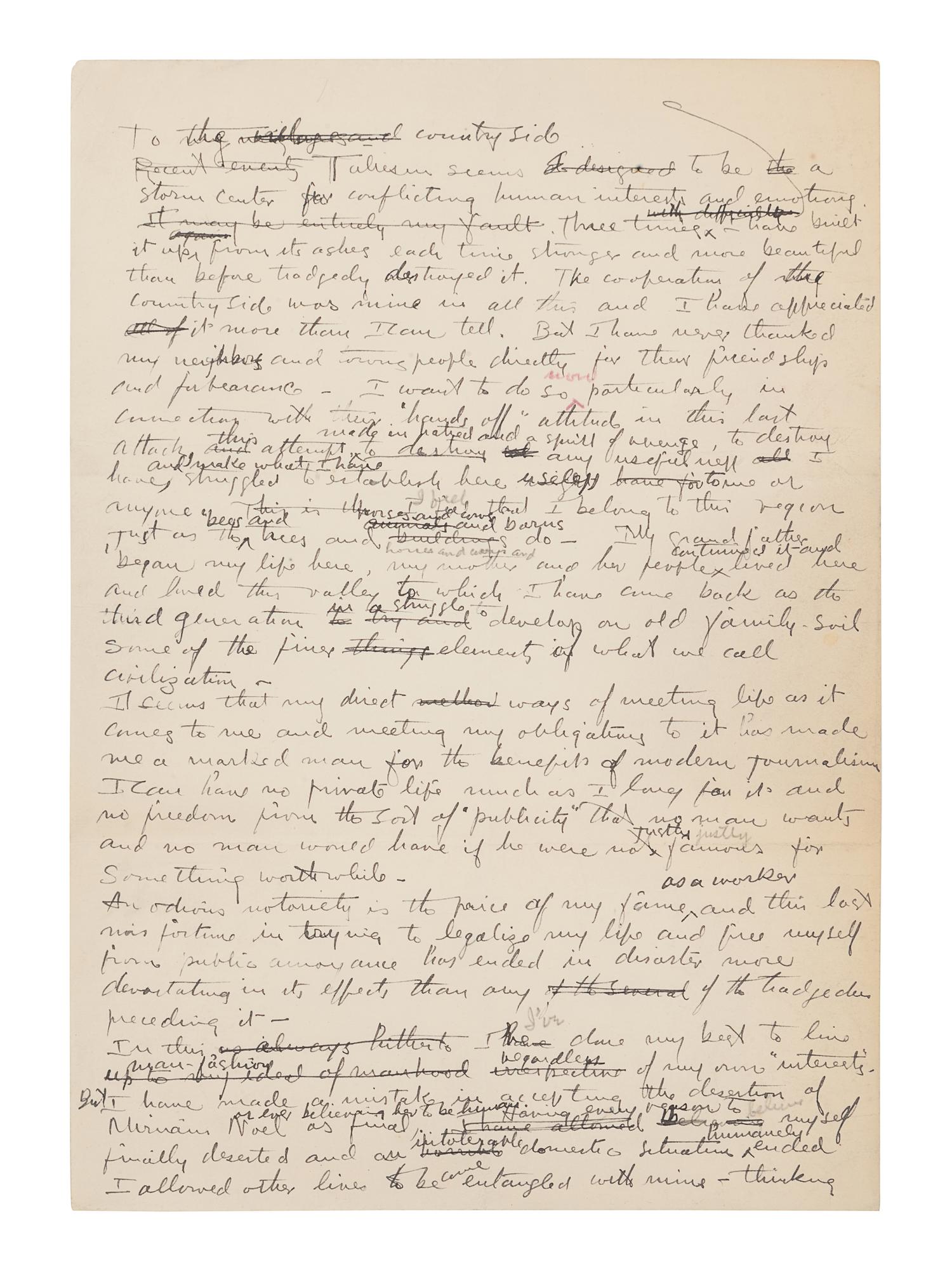 WRIGHT, Frank Lloyd (1867-1959). Autograph manuscript signed ("Frank Lloyd Wright"), entitled "To the Countryside," numerous holograph emendations and corrections in ink, several in pencil or purple pencil. N.p. [Taliesin?], [June 1926]. 2 pages, 4to, creased.