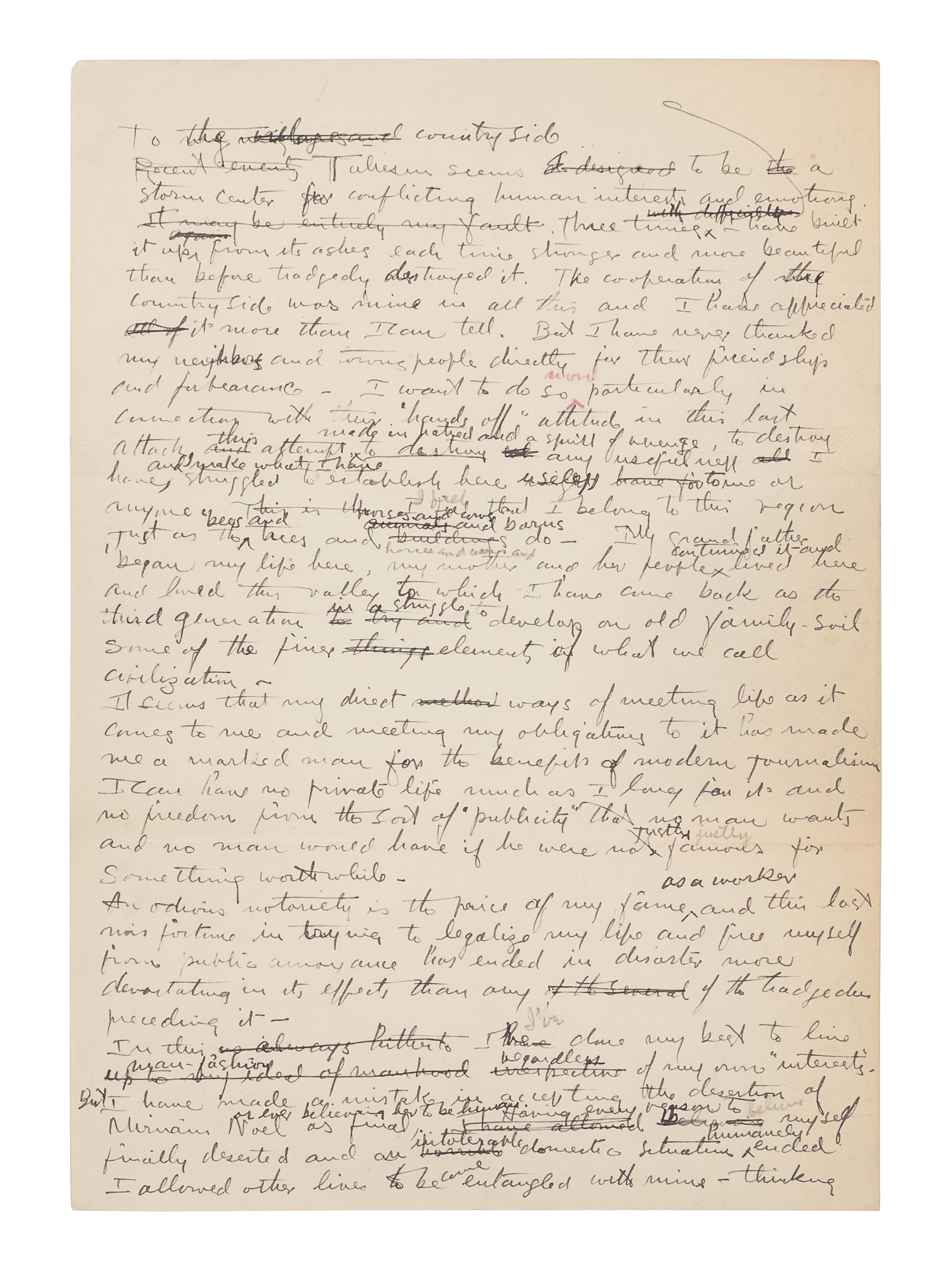 WRIGHT, Frank Lloyd (1867-1959). Autograph manuscript signed ("Frank Lloyd Wright"), entitled "To the Countryside," numerous holograph emendations and corrections in ink, several in pencil or purple pencil. N.p. [Taliesin?], [June 1926]. 2 pages, 4to, creased.