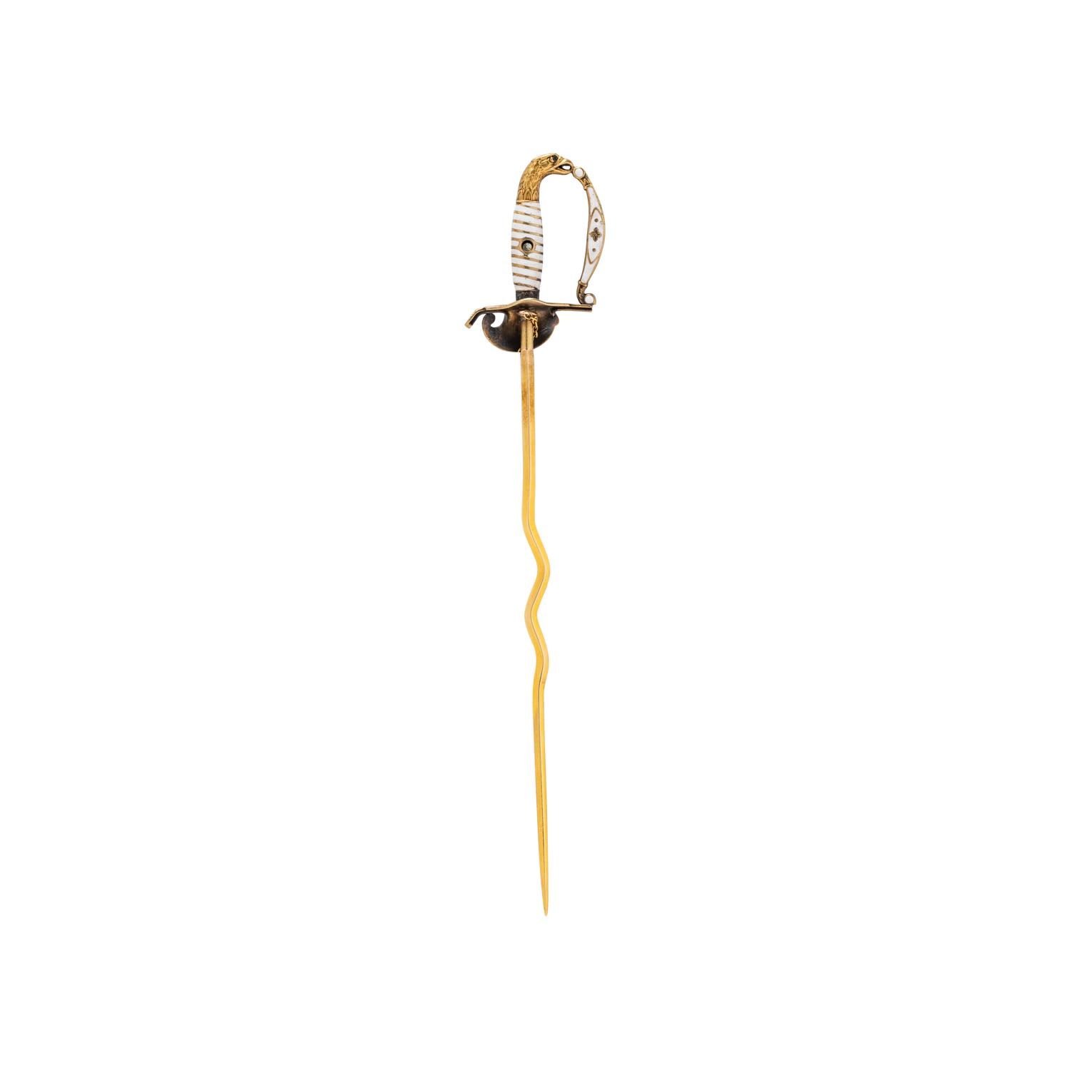 YELLOW GOLD AND ENAMEL SWORD PIN