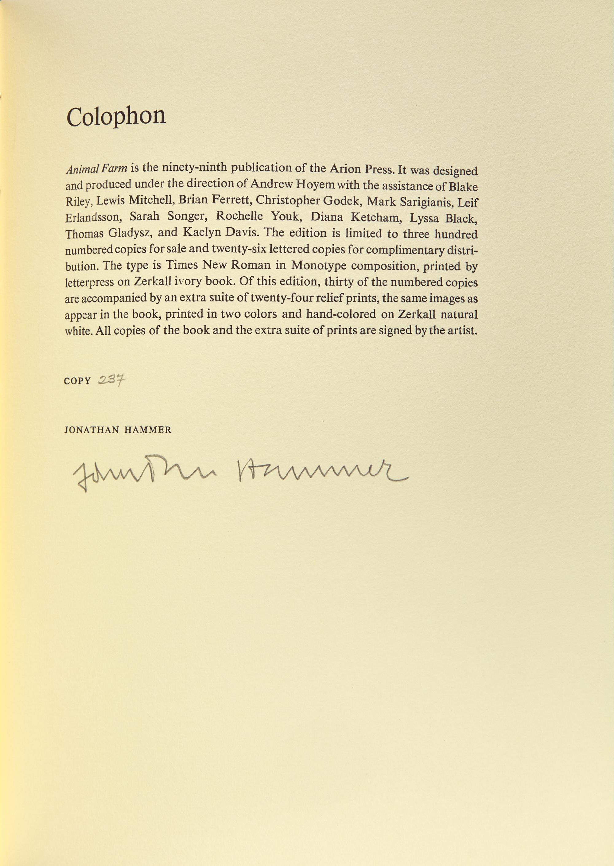 [FINE PRESS - ARION PRESS]. ORWELL, George (1903-1950). Animal Farm. San Francisco: The Arion Press, 2013.