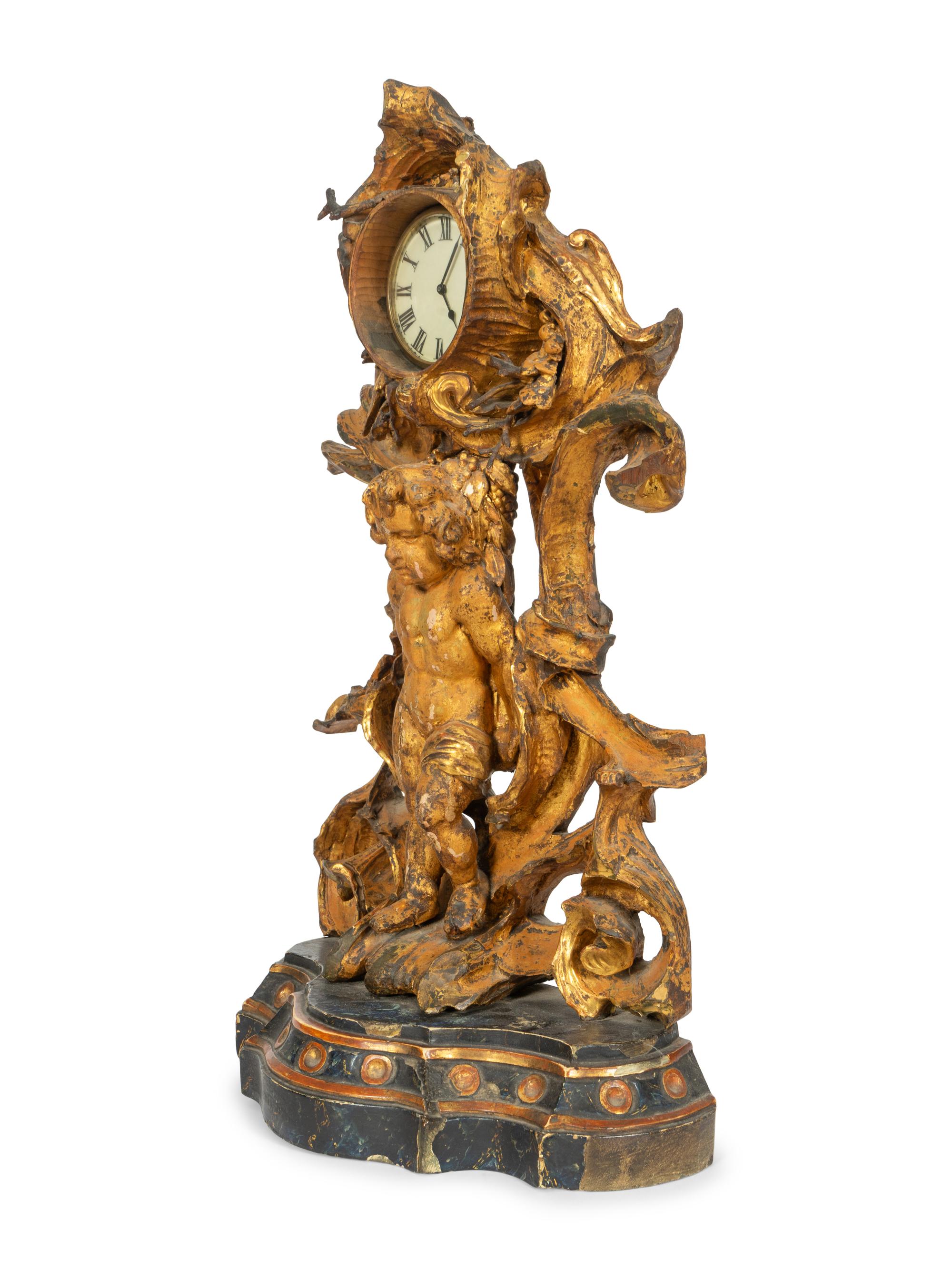 A Continental Carved, Painted and Parcel-Gilt Figural Clock