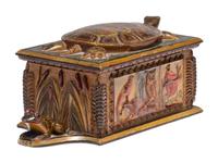 A Carved and Painted Wood Valuables Box with Masonic Interest