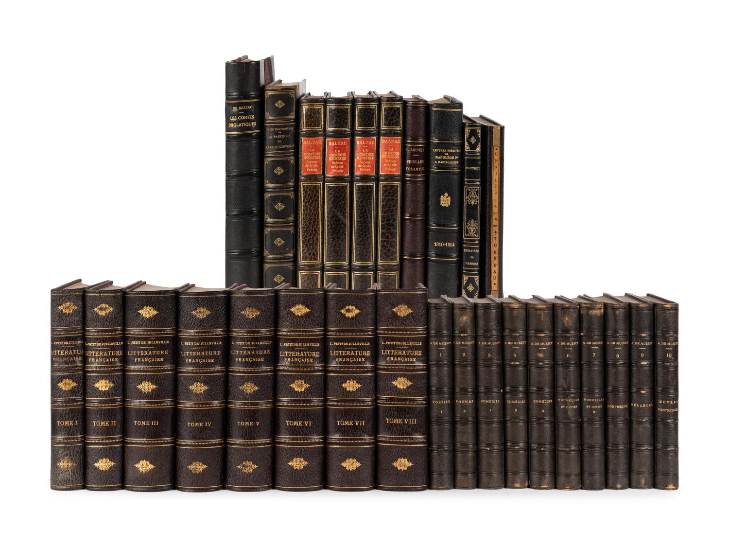 [FINE BINDINGS]. A group of 28 volumes in fine full, half, or quarter leather bindings, including works relating to French literature and history.