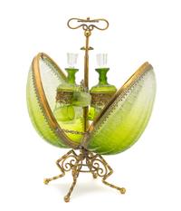 A Continental Gilt Bronze and Leaded Glass Decanter Set, Height overall 17 1/4 inches.