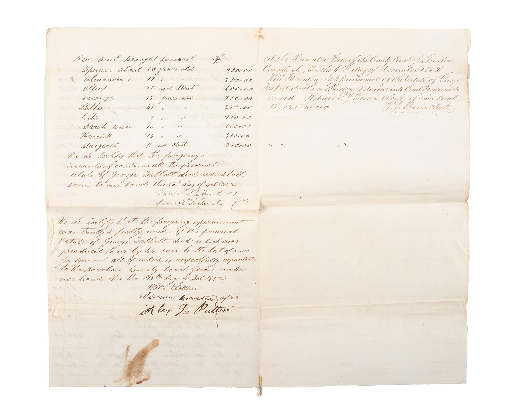 [SLAVERY & ABOLITION]. A group of 9 documents related to the enslavement of individuals in Bourbon County, Kentucky, incl. estate appraisement of a horse breeder who enslaved six people.