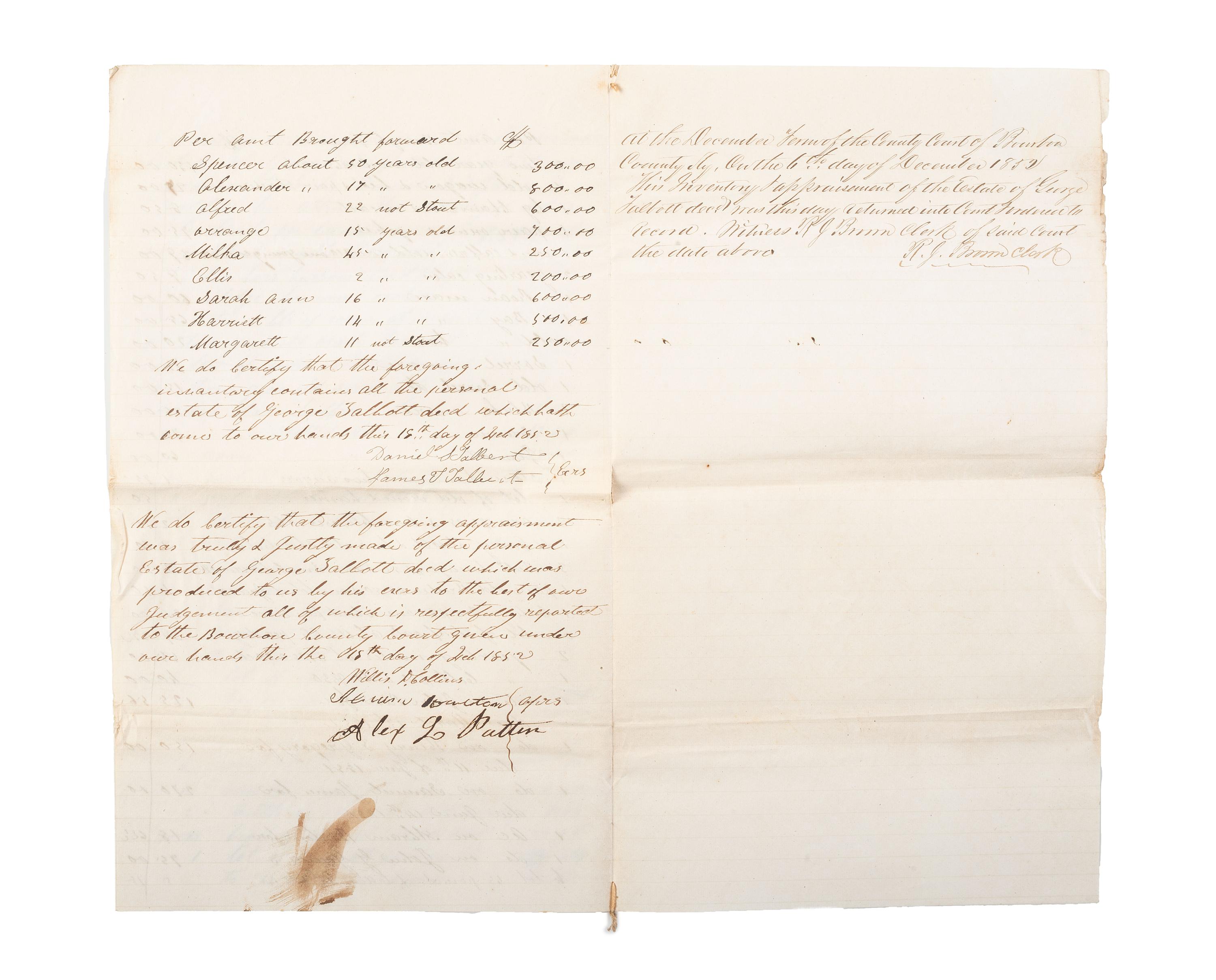 [SLAVERY & ABOLITION]. A group of 9 documents related to the enslavement of individuals in Bourbon County, Kentucky, incl. estate appraisement of a horse breeder who enslaved six people.