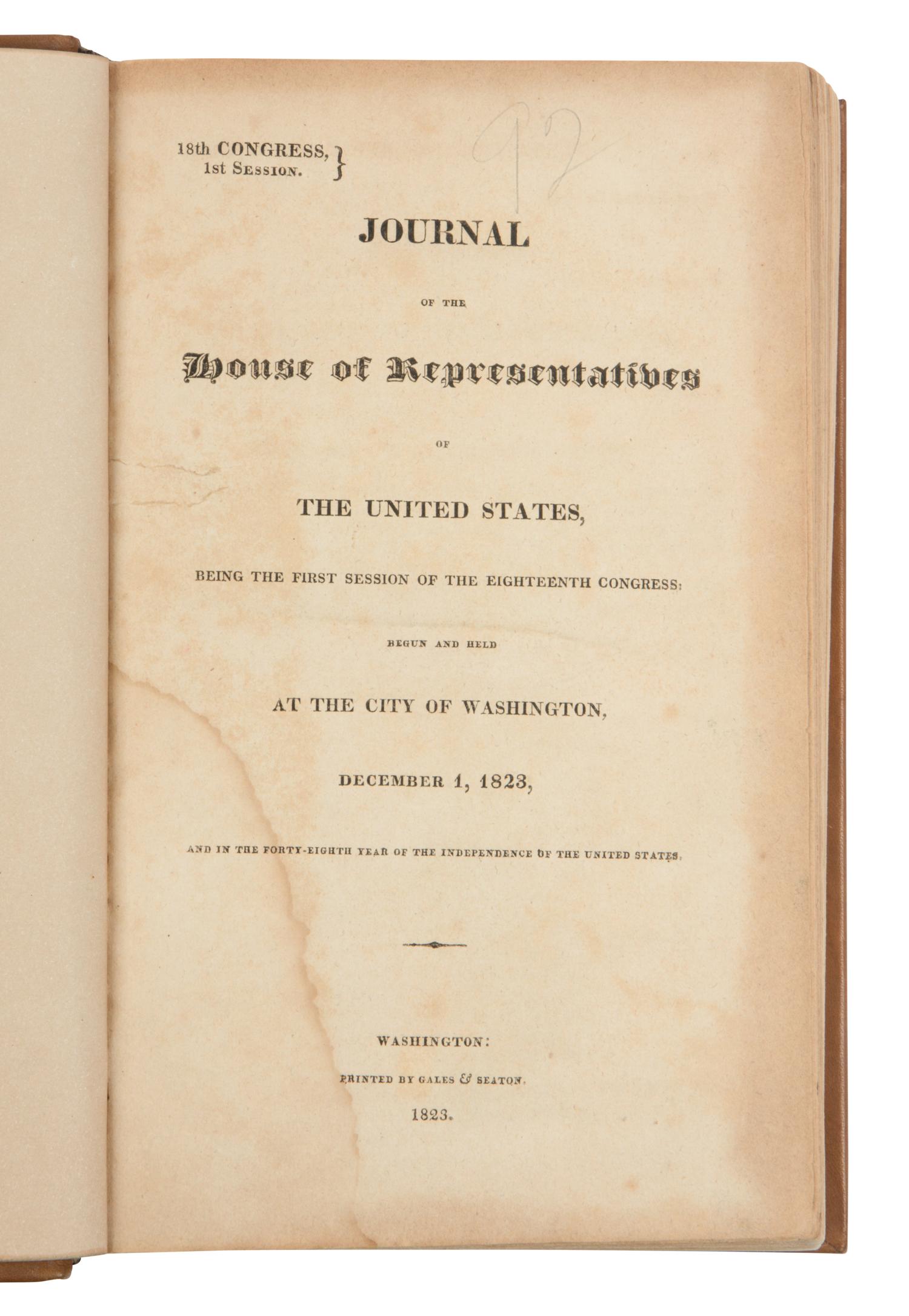 [Americana] Journal of the House of Representatives of the United States, being the first session of the Eighteenth Congress...December 1, 1823...