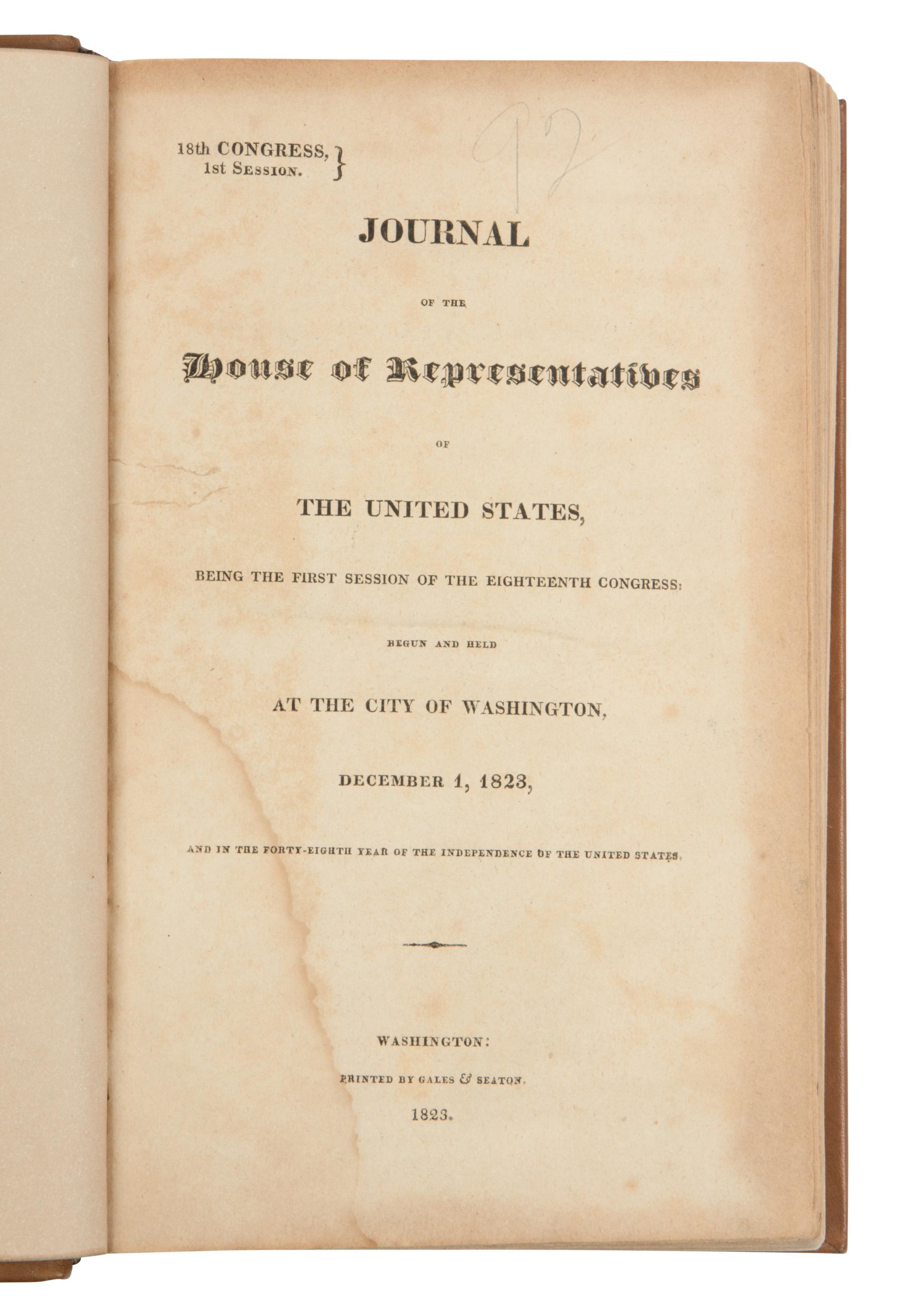 [Americana] Journal of the House of Representatives of the United States, being the first session of the Eighteenth Congress...December 1, 1823...