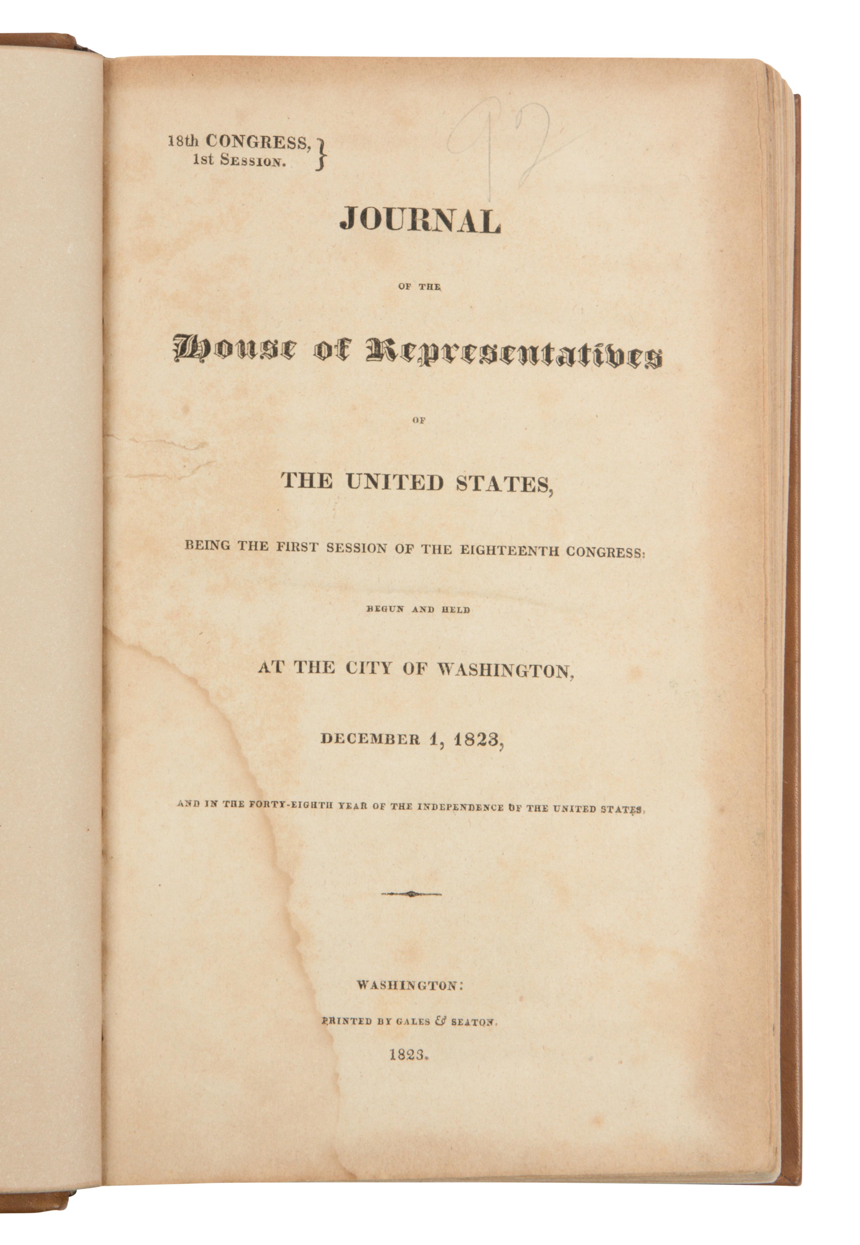 [Americana] Journal of the House of Representatives of the United States, being the first session of the Eighteenth Congress...December 1, 1823...