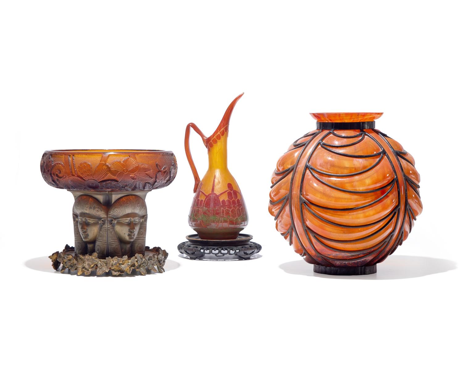 A group of three French Art Deco art glass tablewares, La Verre Francais, Charles and Ernest Schneider, and other, France, circa 1920-1930