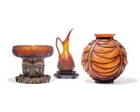 A group of three French Art Deco art glass tablewares, La Verre Francais, Charles and Ernest Schneider, and other, France, circa 1920-1930