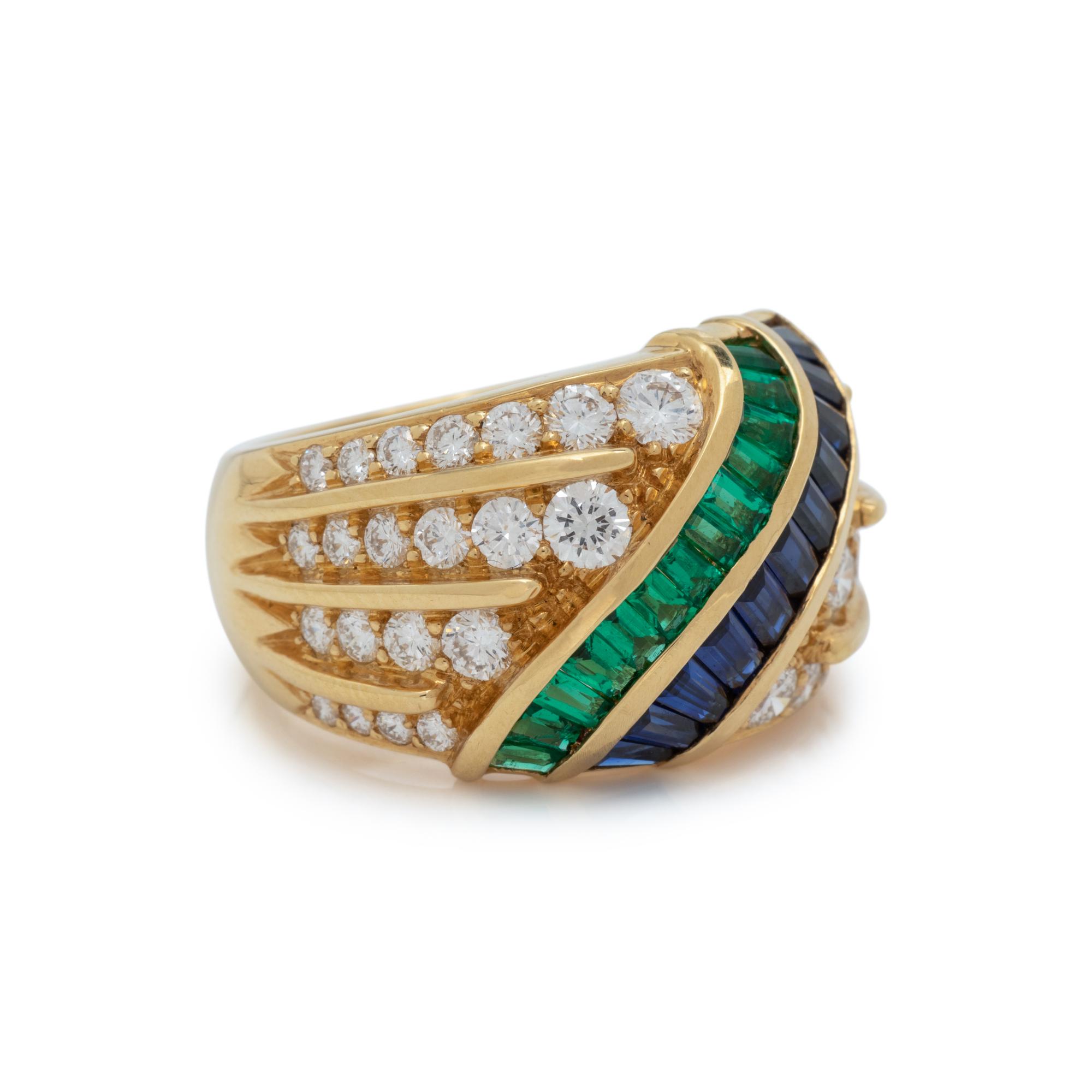 SAPPHIRE, EMERALD AND DIAMOND RING