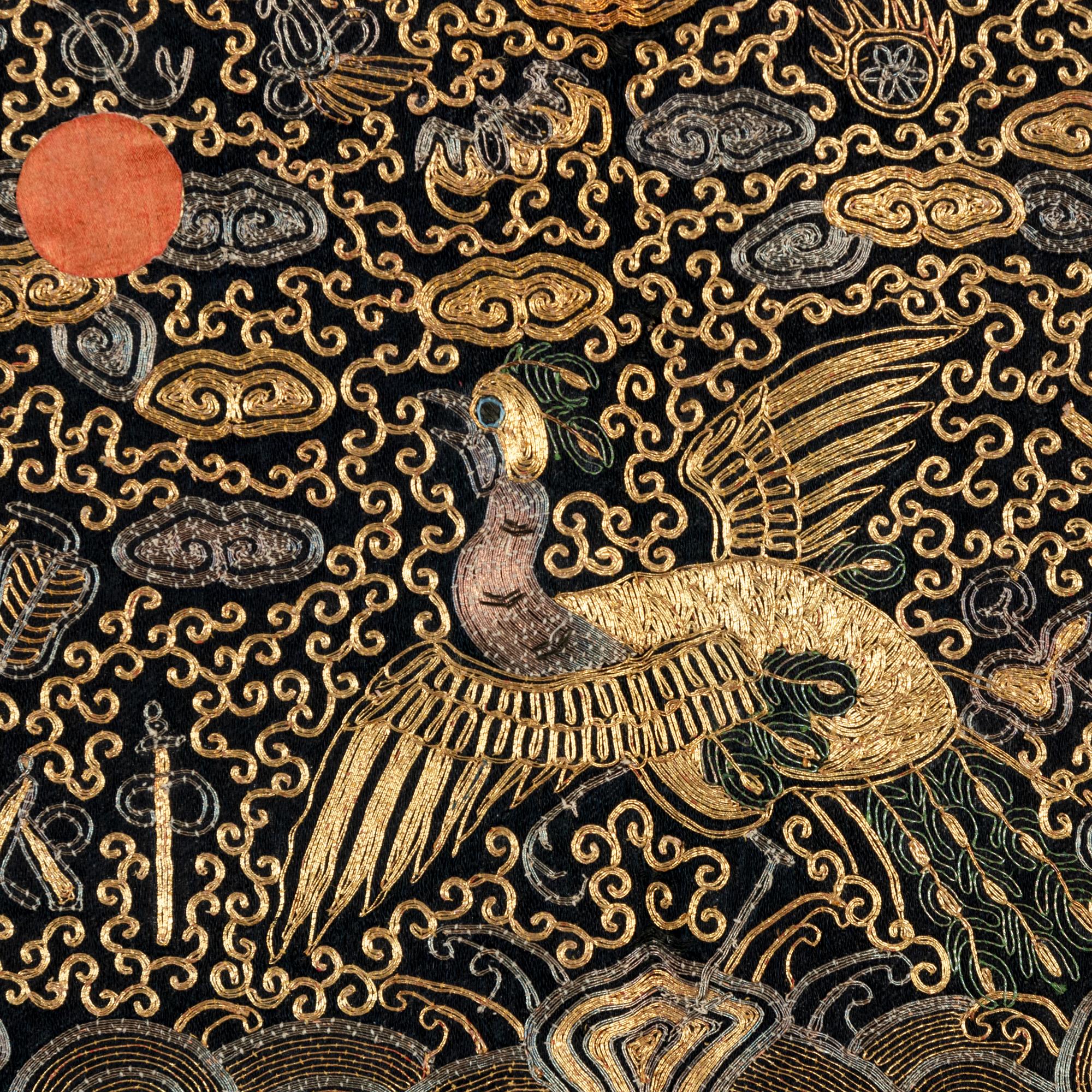 Three Chinese Silk 'Peacock' Rank Badges, 19th Century 清中晚期 緙絲、刺綉三品文官孔雀補子三幅