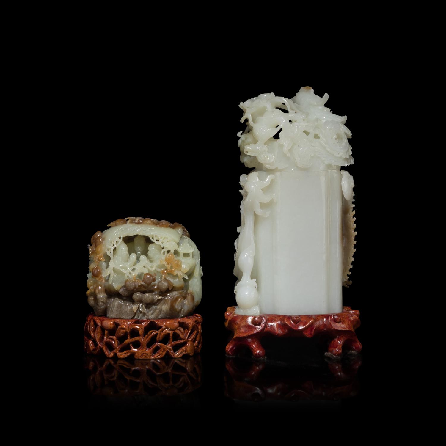 Two Chinese Pale Celadon and Russet Jade Carvings, 20th Century 近代 青白玉擺件兩種