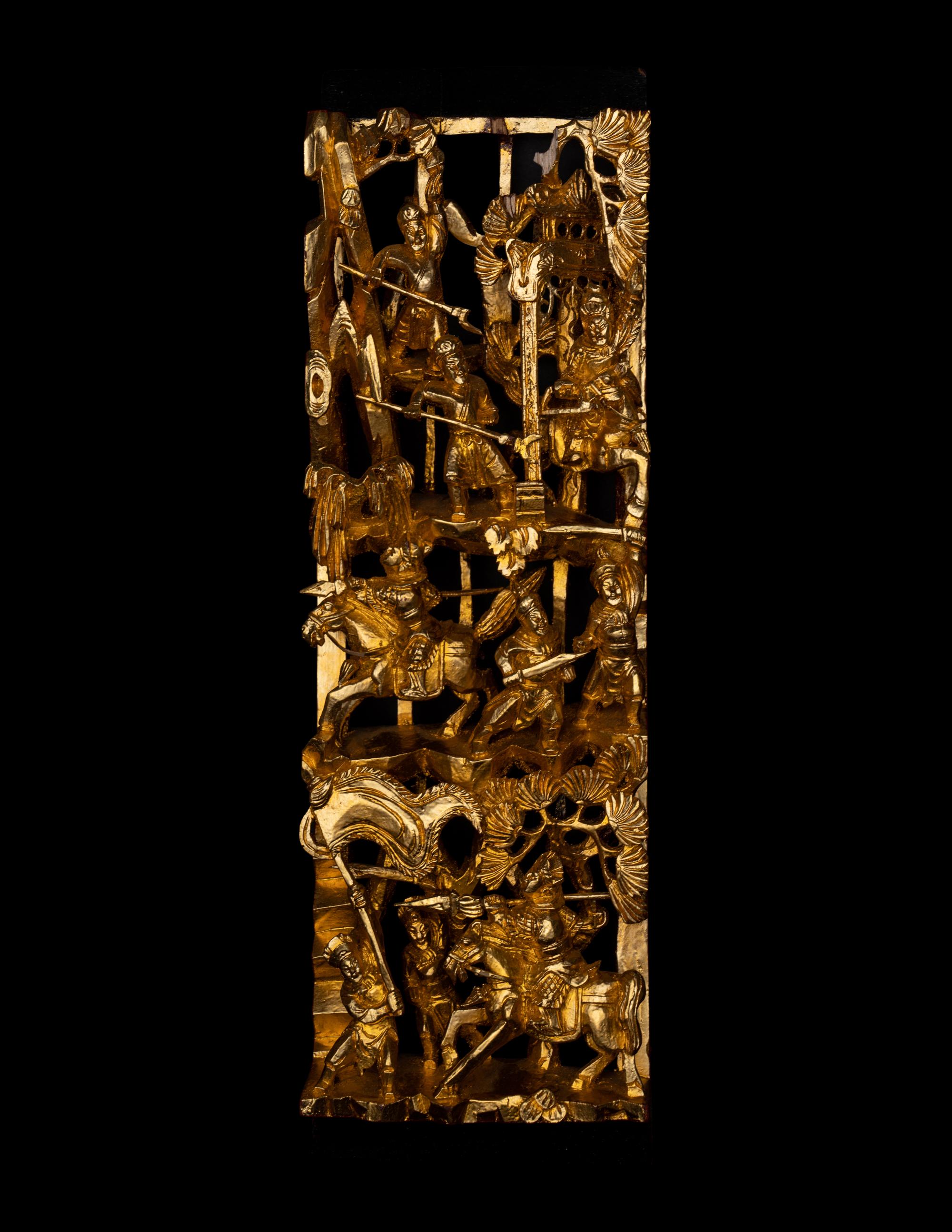 Four Chinese Gilt and Red Lacquered Wood Panels