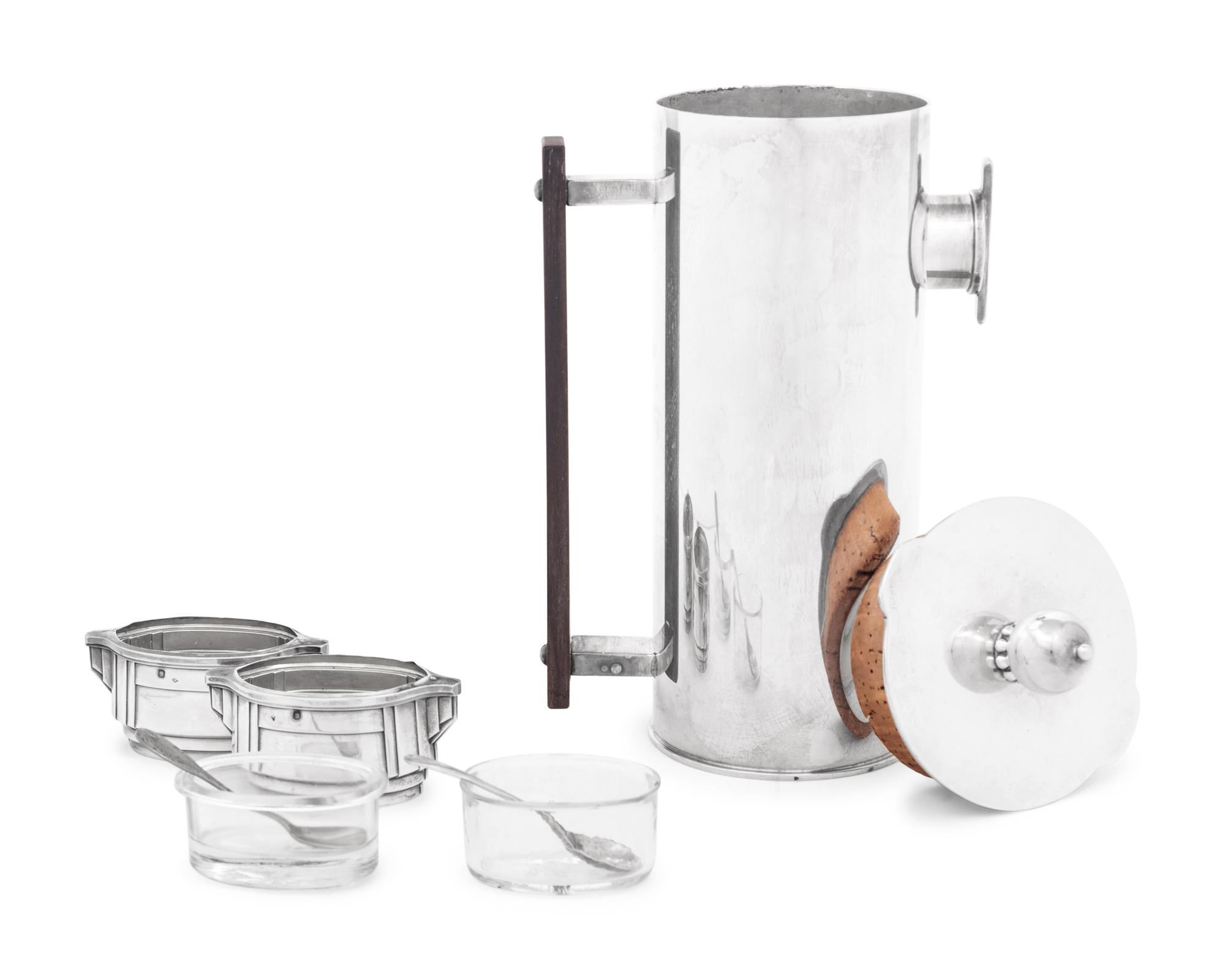 An Art Deco Style Silver-Plate Cocktail Pitcher and a Pair of French Silver Salt Cellars