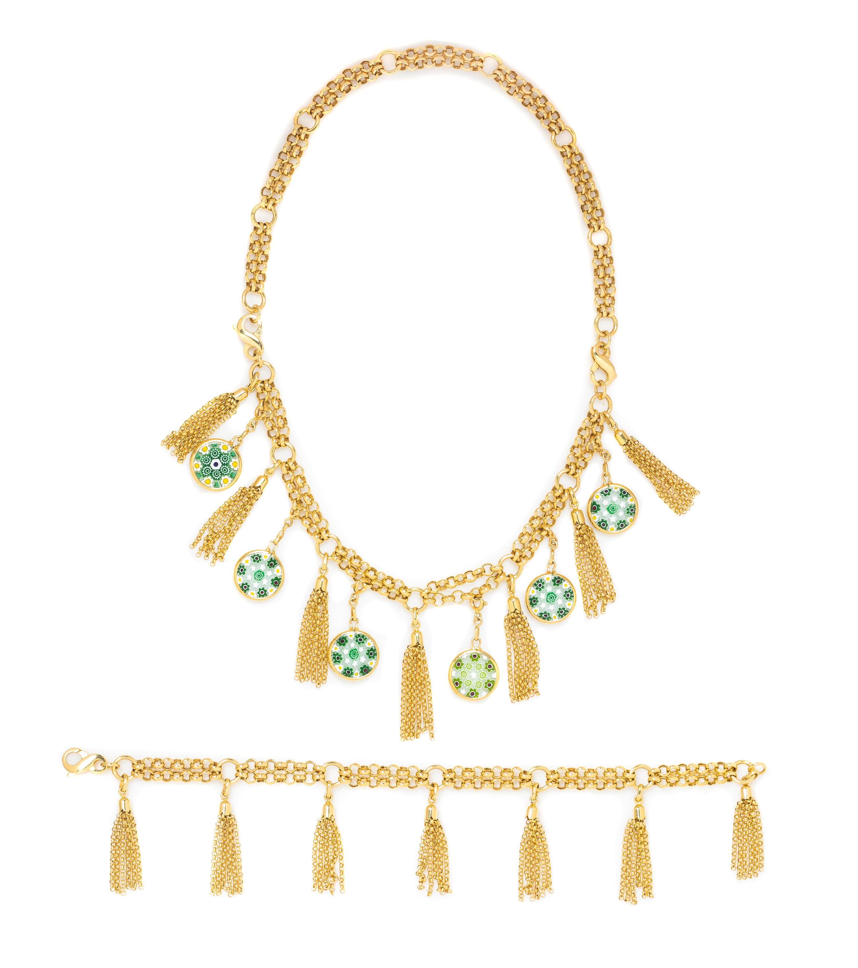 A 14 Karat Yellow Gold and Millifiori Glass Convertible Bracelet/Necklace, 34.40 dwts.