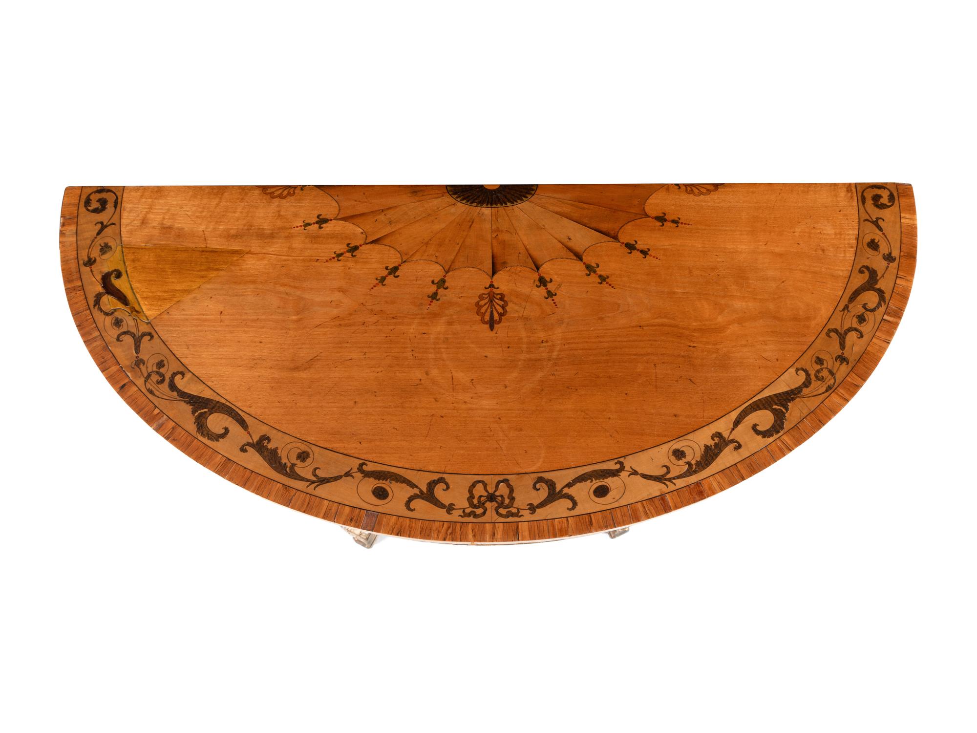 A Pair of George III Style Satinwood, Marquetry, Painted, and Parcel Gilt Demilune Console Tables
