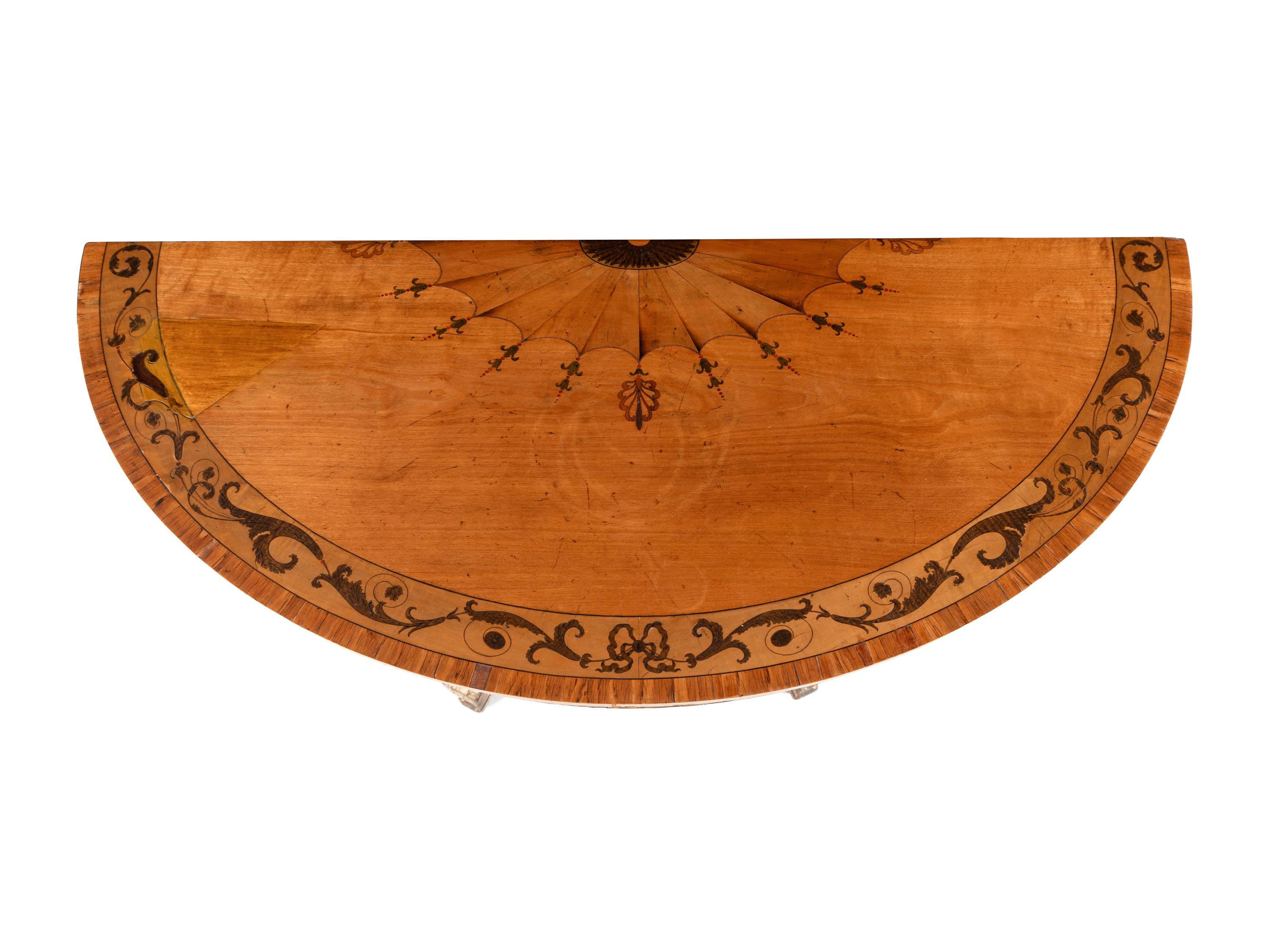 A Pair of George III Style Satinwood, Marquetry, Painted, and Parcel Gilt Demilune Console Tables