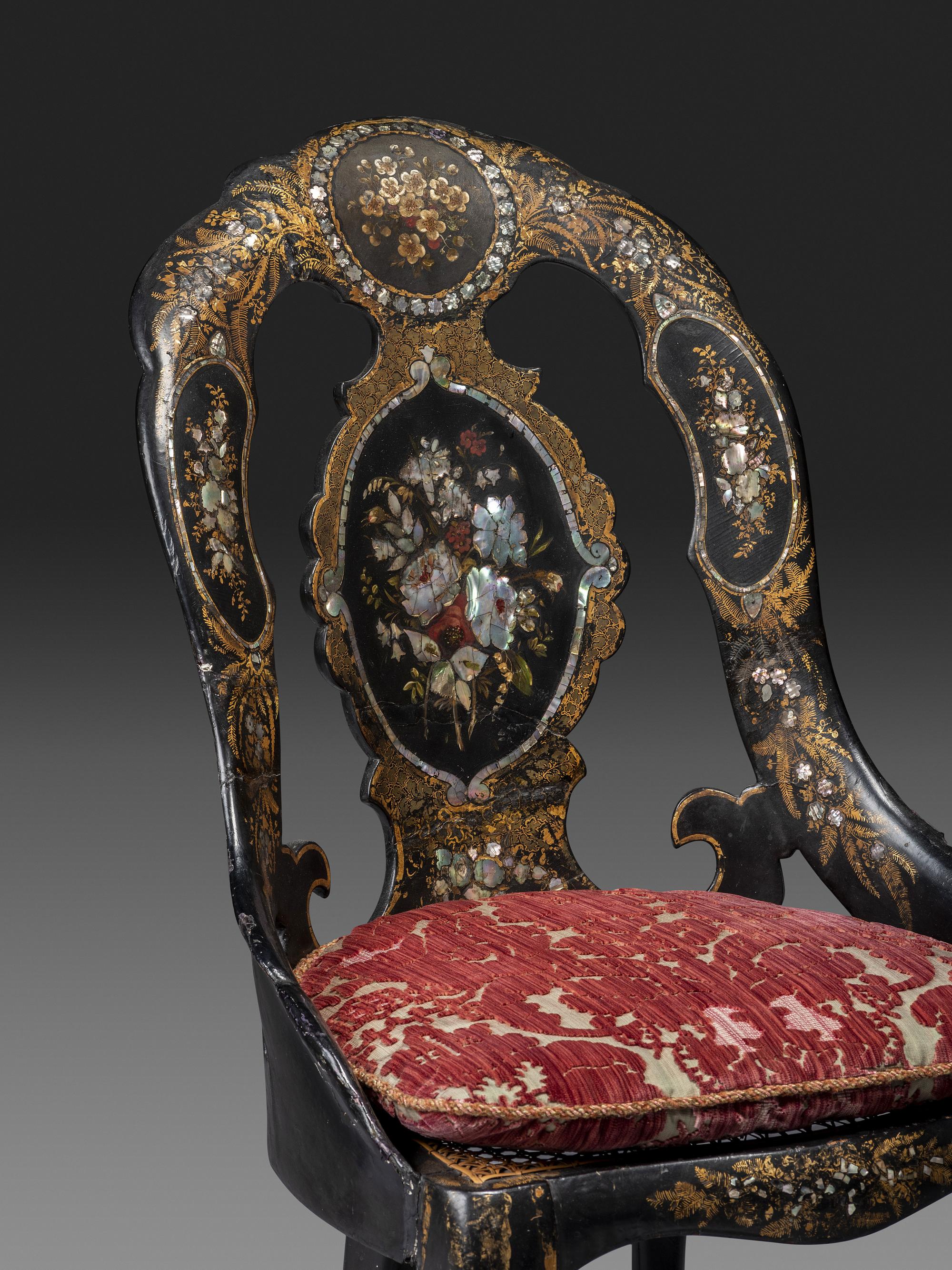 A Victorian Parcel-Gilt and Black Lacquered Mother-of-Pearl Inlaid Side Table and Side Chair