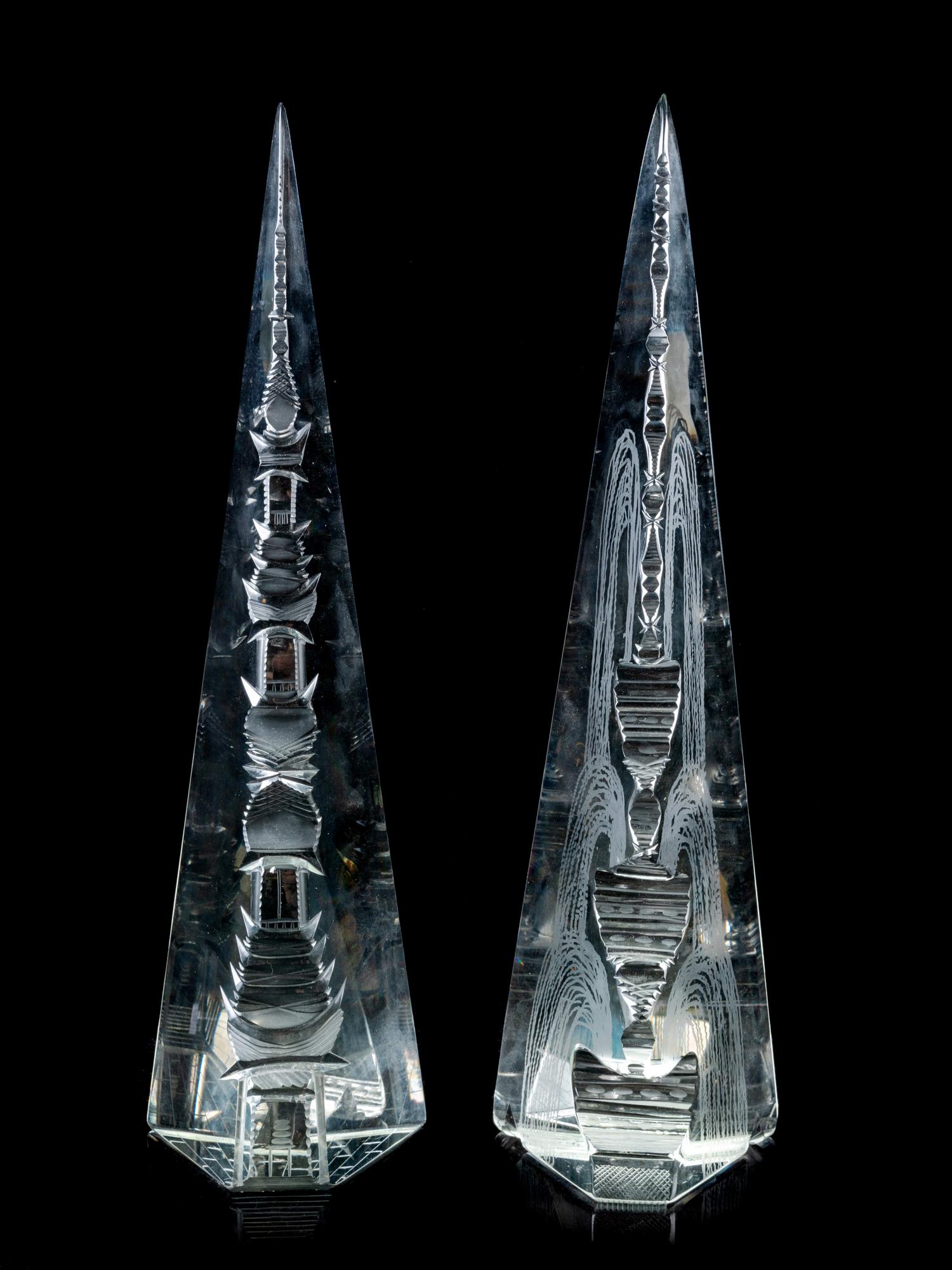 A Pair of Cut Glass Obelisks