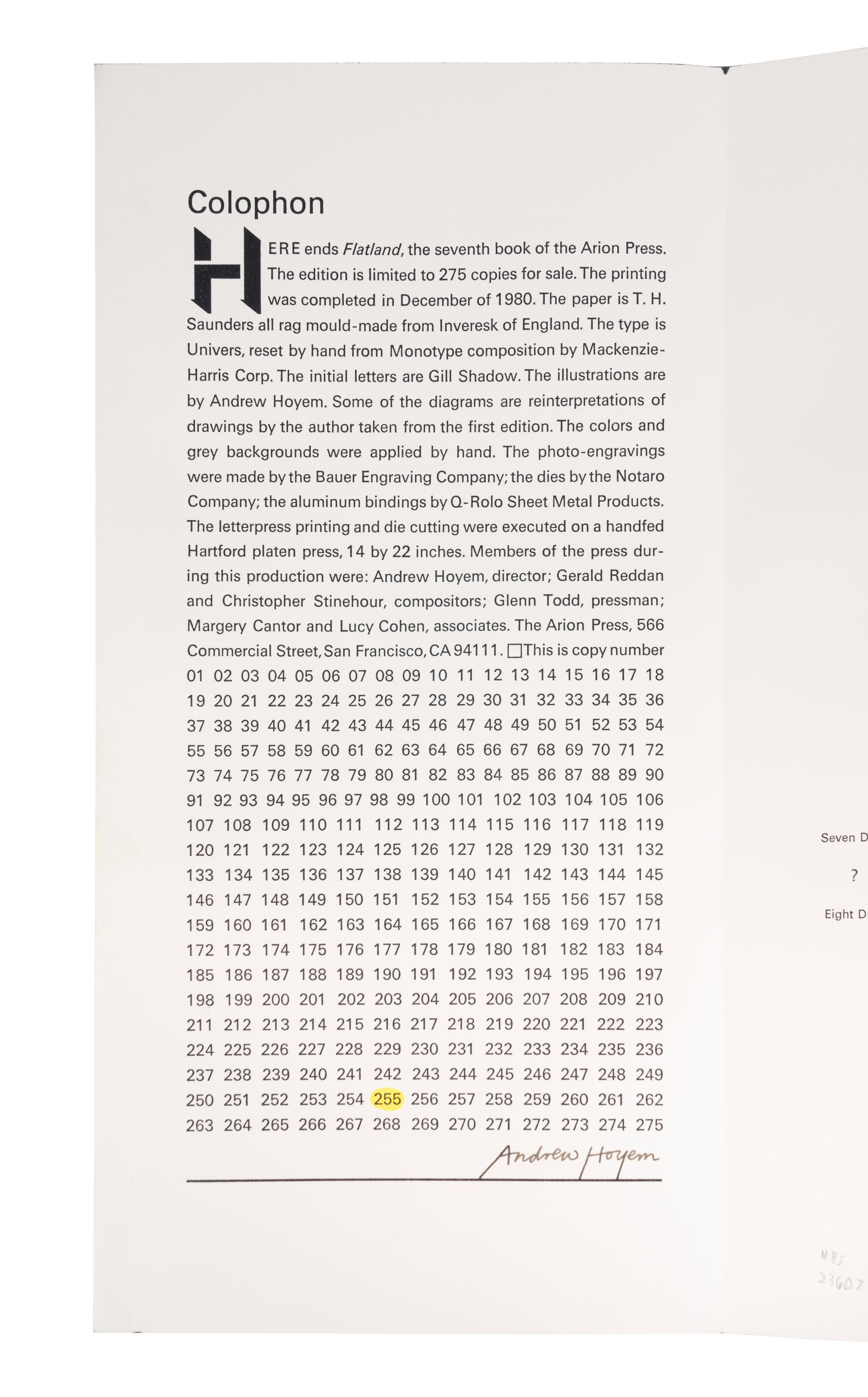 [FINE PRESS -- ARION PRESS]. ABOTT, Edwin A. (1836-1926). Flatland . Introduction by Ray Bradbury. San Francisco: Arion Press, 1980.