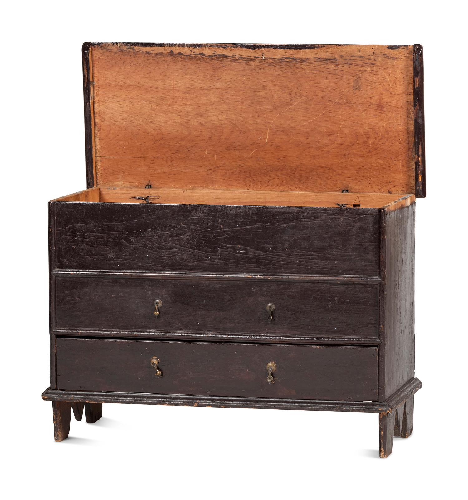 A Rare Pilgrim Century Black Painted Pine One-Drawer 'M' Chest