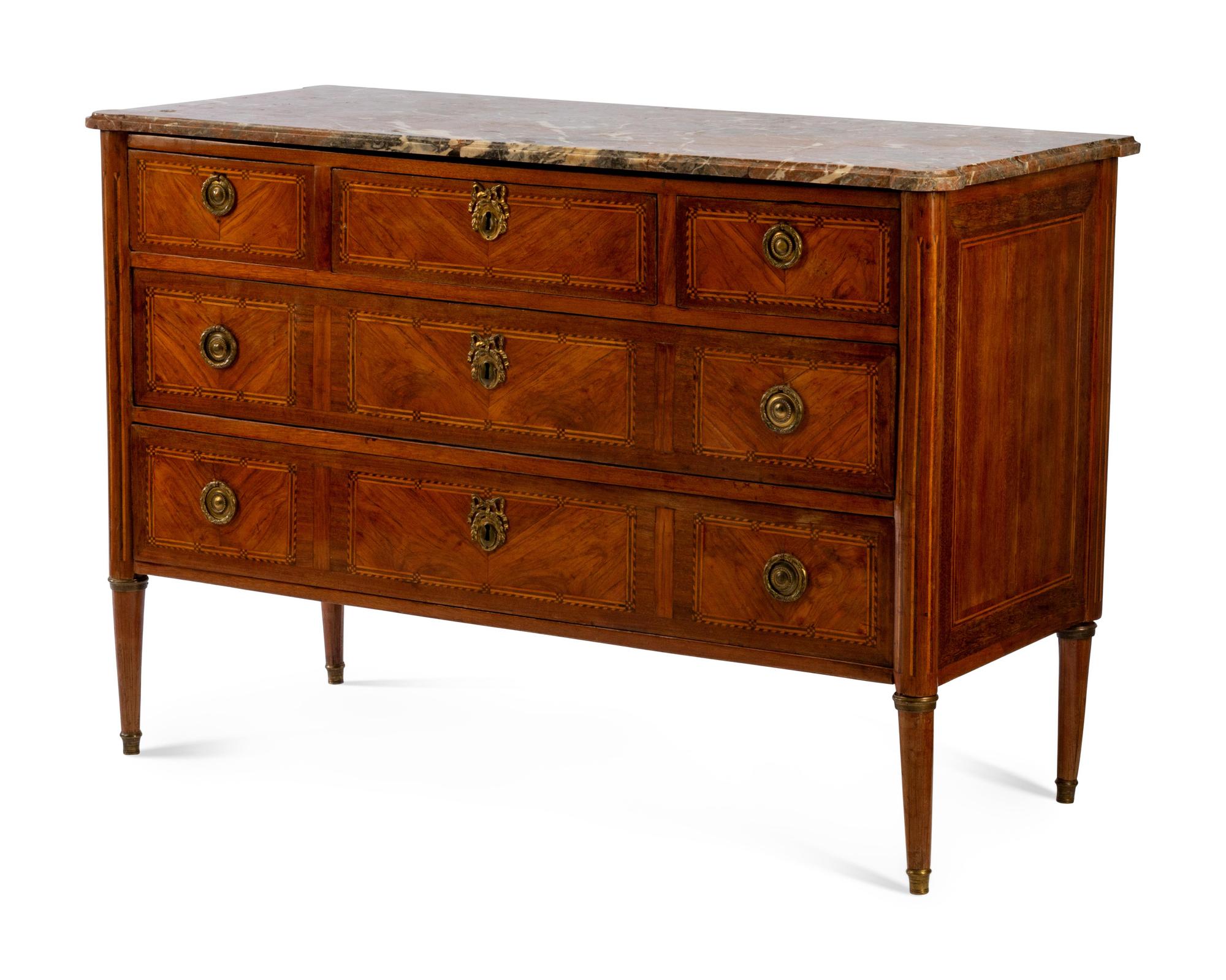 A Louis XVI Style Tulipwood and Marquetry Commode
