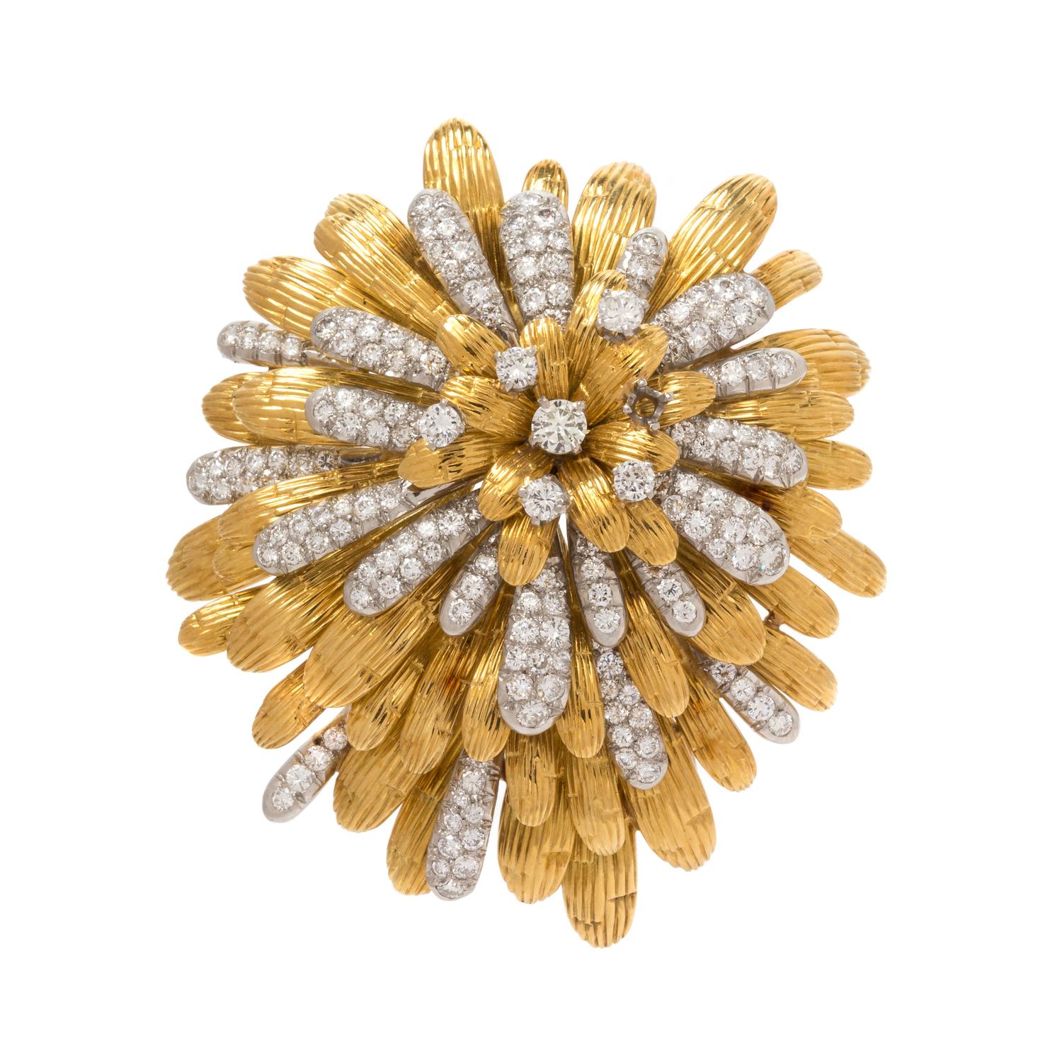 A Yellow Gold, Platinum and Diamond Chrysanthemum Brooch, 36.90 dwts.