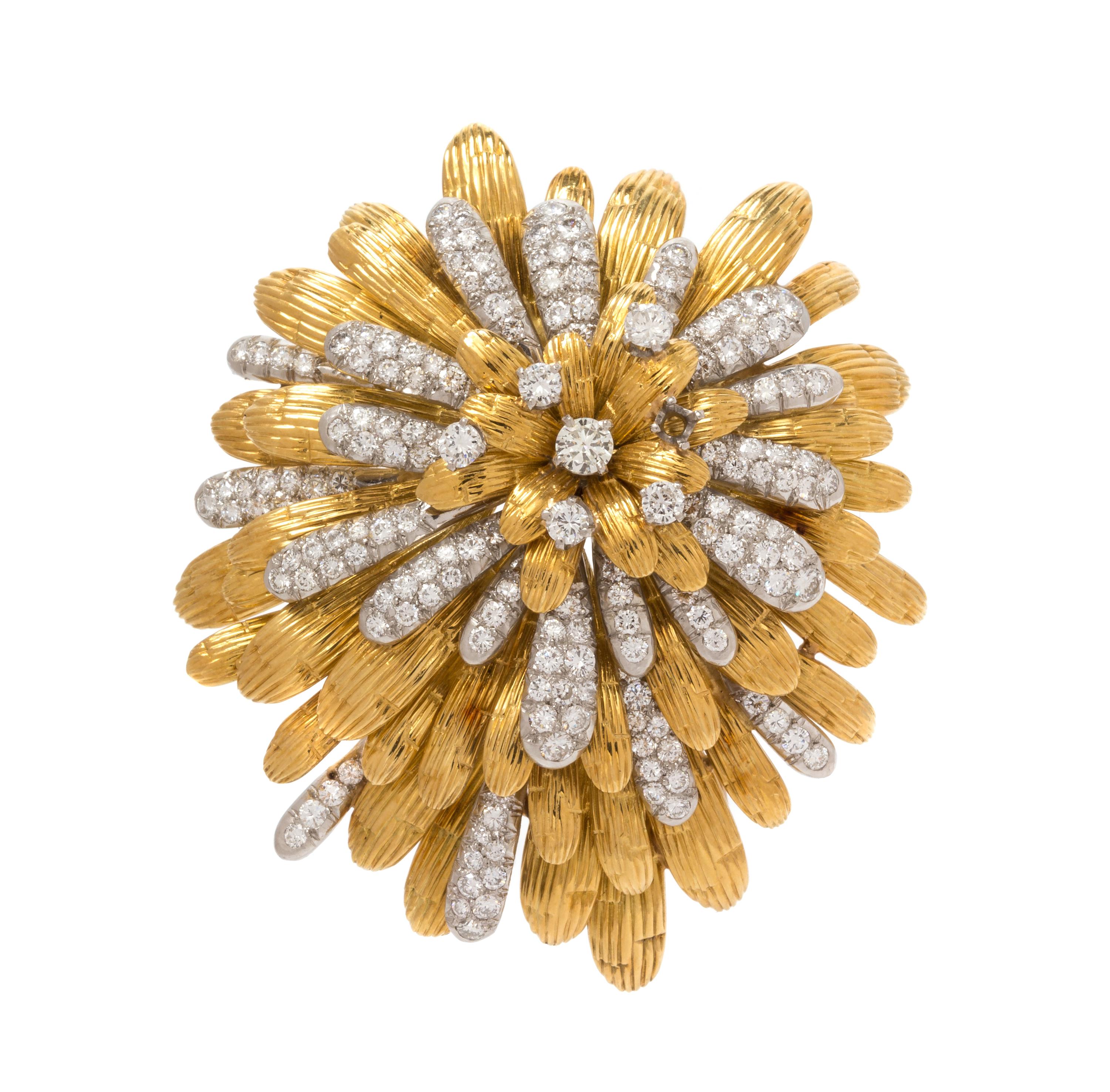 A Yellow Gold, Platinum and Diamond Chrysanthemum Brooch, 36.90 dwts.