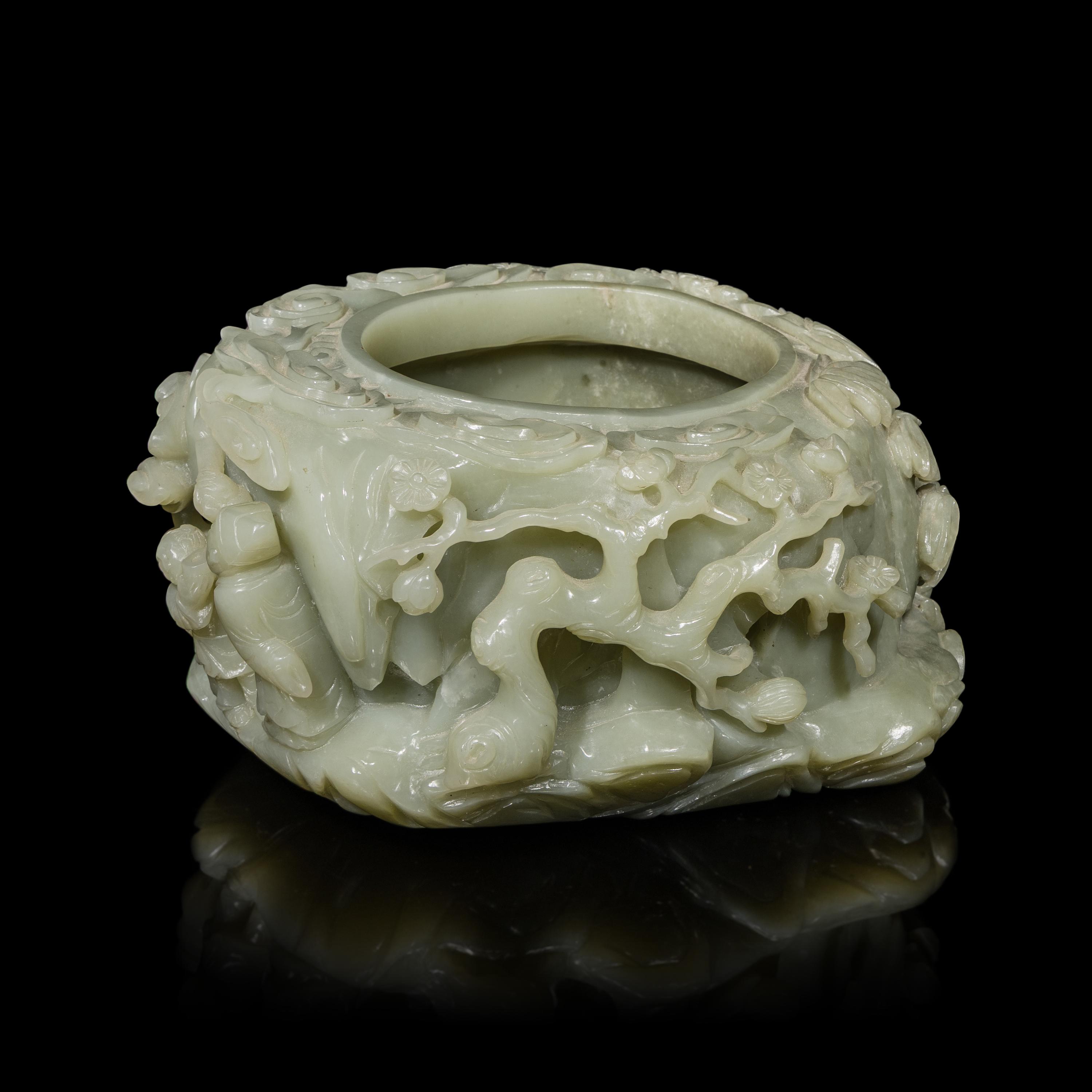 A Large Chinese Carved Celadon Jade Brush Washer, Xi — 青玉雕松下高士圖洗
