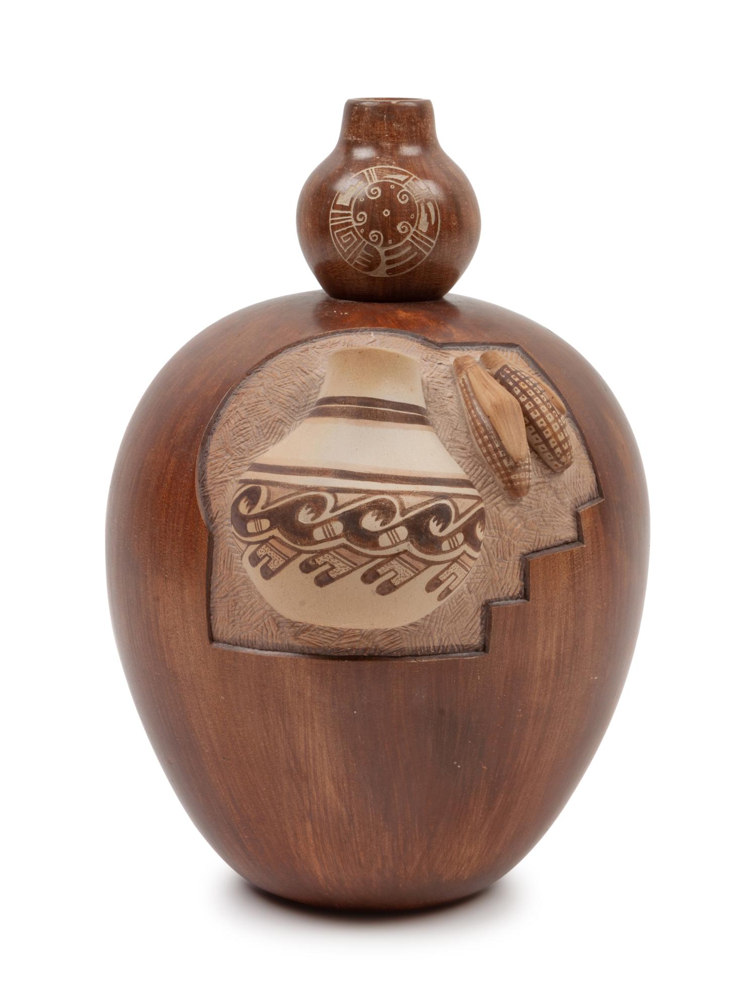 Gourd Form Redware Pottery Jar with a sgraffito lid and handles with pottery and corn in relief