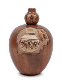 Gourd Form Redware Pottery Jar with a sgraffito lid and handles with pottery and corn in relief