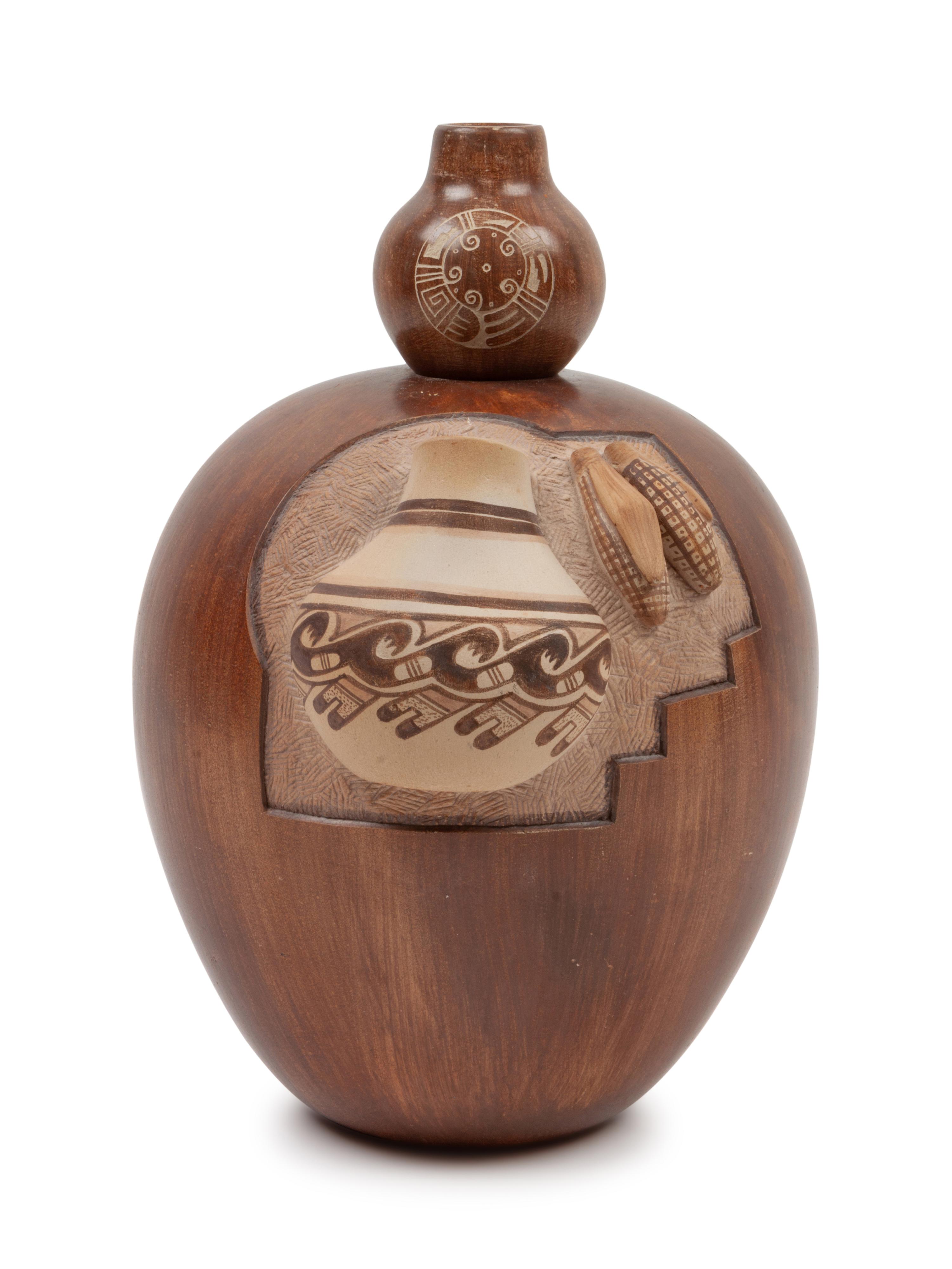 Gourd Form Redware Pottery Jar with a sgraffito lid and handles with pottery and corn in relief