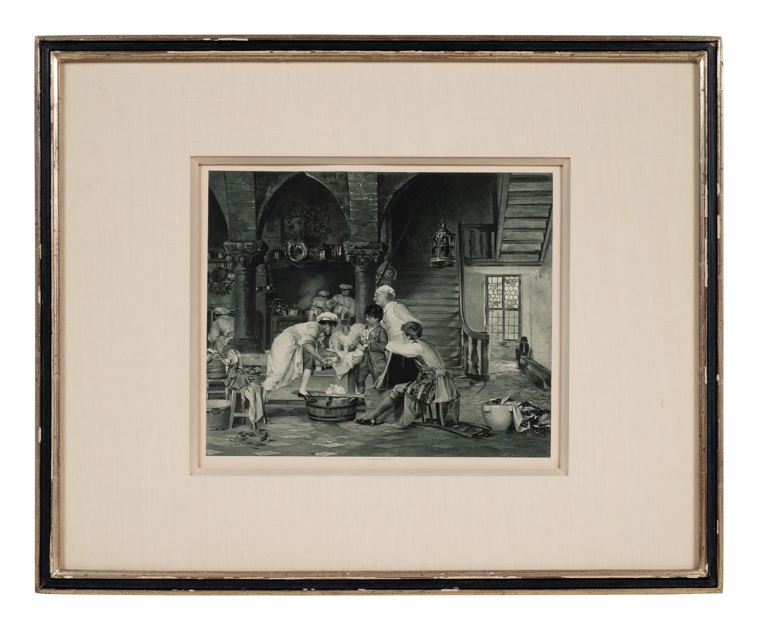 A group of 2 photogravures by Goupil & Co., depicting 18th century kitchen scenes. N.d.. 17 3/4 x 21 1/2 in or smaller. Matted and framed.