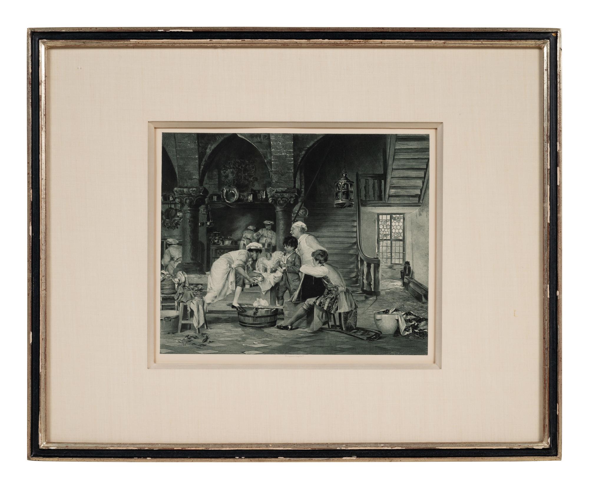 A group of 2 photogravures by Goupil & Co., depicting 18th century kitchen scenes. N.d.. 17 3/4 x 21 1/2 in or smaller. Matted and framed.