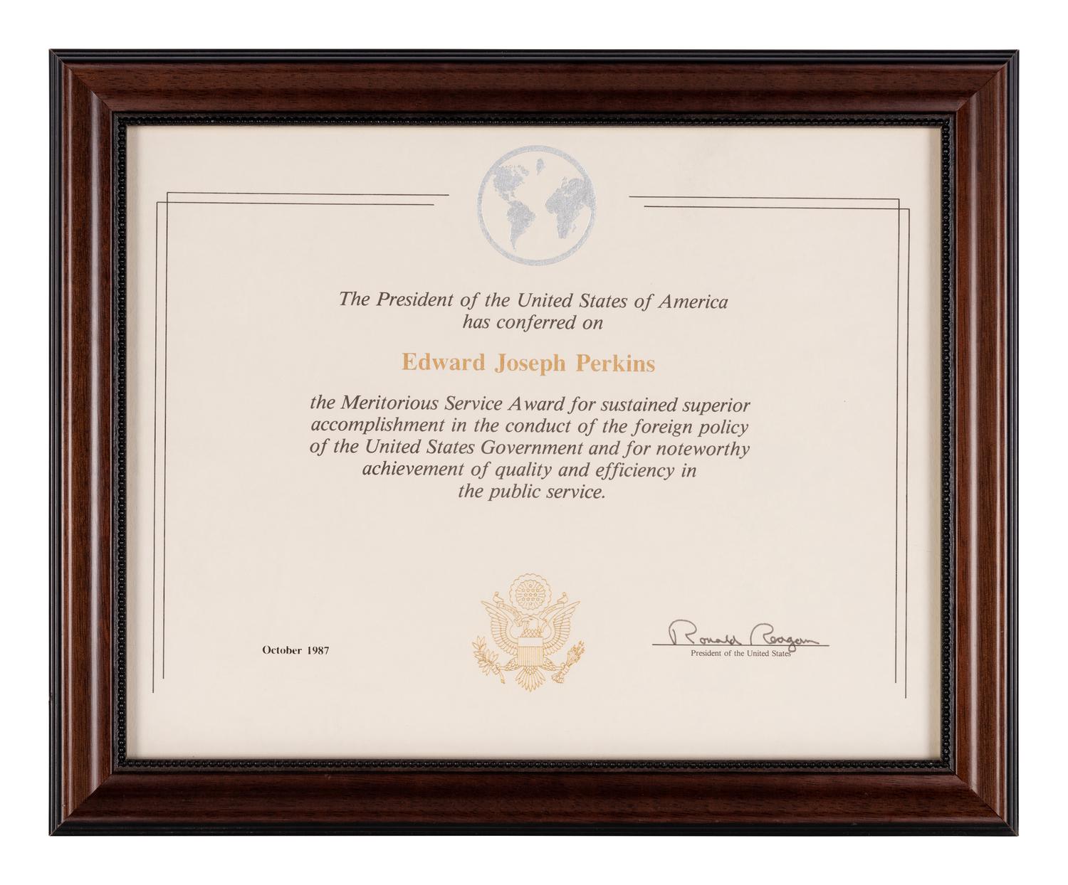 [PERKINS, Edward Joseph (1928-2020)]. A group of 9 documents or photographs by Presidents Nixon, Reagan, or Bush to Perkins, presumably with secretarial or facsimile signatures, including: