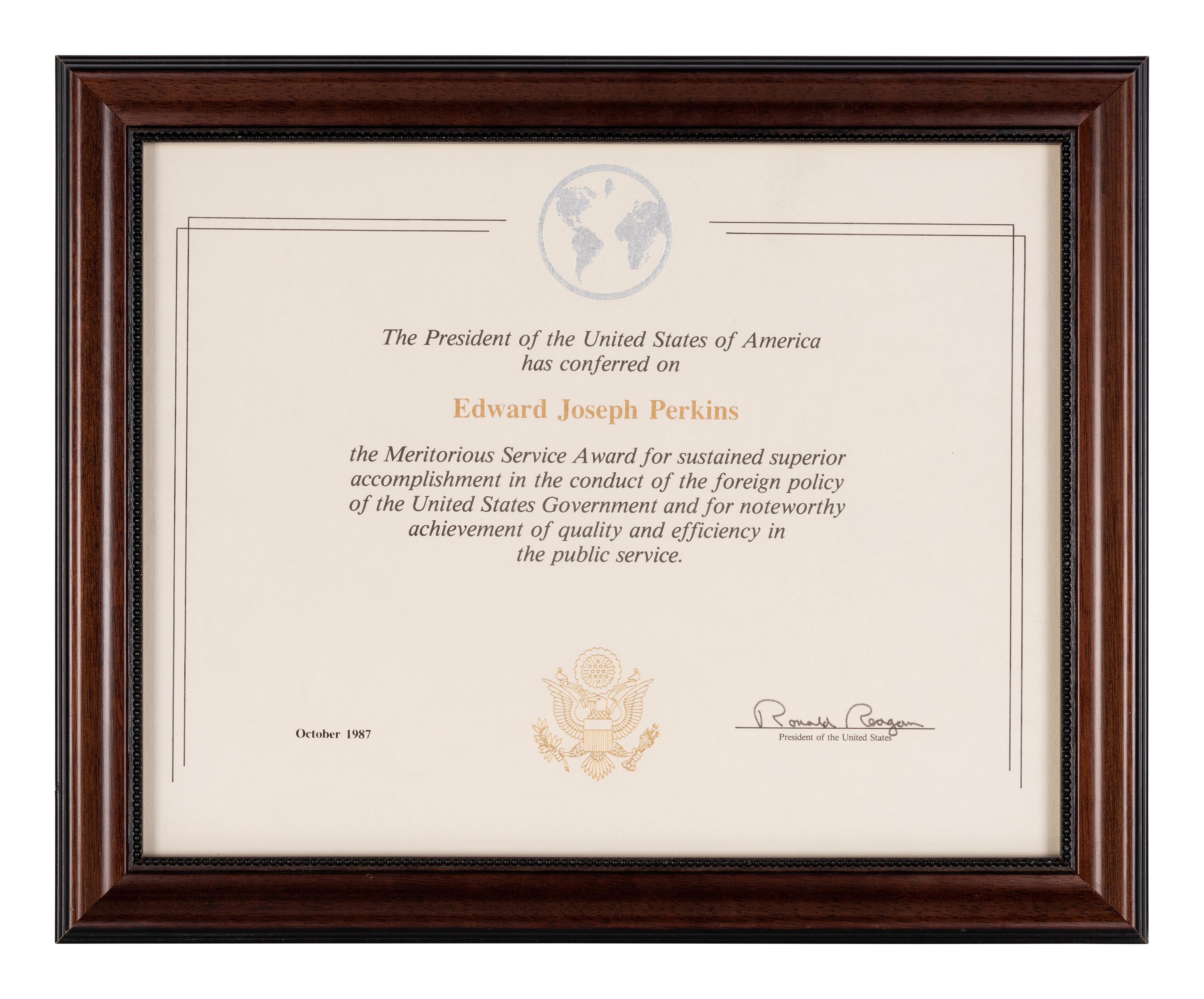 [PERKINS, Edward Joseph (1928-2020)]. A group of 9 documents or photographs by Presidents Nixon, Reagan, or Bush to Perkins, presumably with secretarial or facsimile signatures, including: