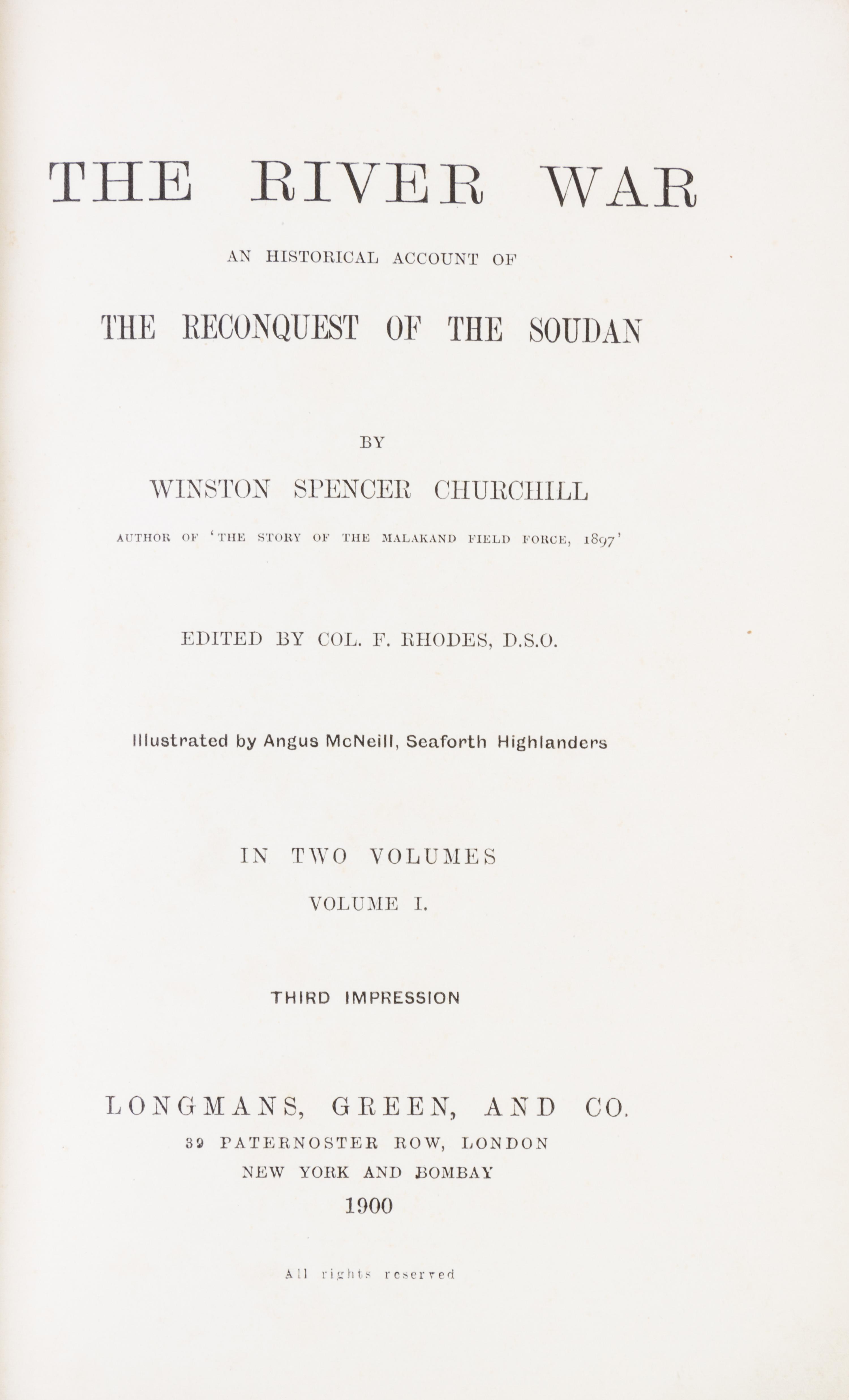 CHURCHILL, WINSTON. The River War. New York, 1900. 2 vols. First edition, 3rd impression. Bound by Zaehnsdorf.