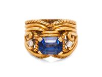 A 14 Karat Yellow Gold, Sapphire and Diamond Ring,
