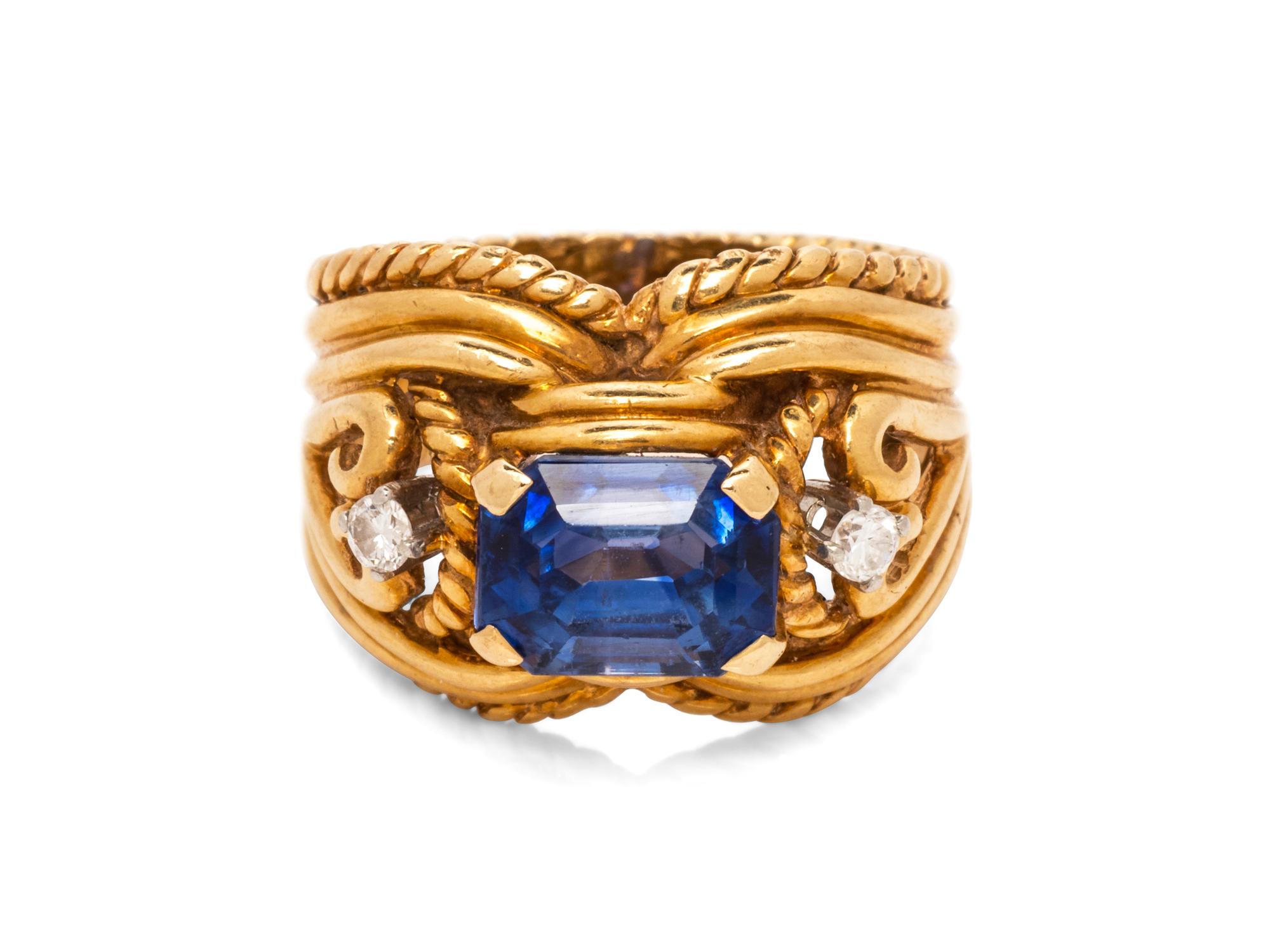 A 14 Karat Yellow Gold, Sapphire and Diamond Ring,