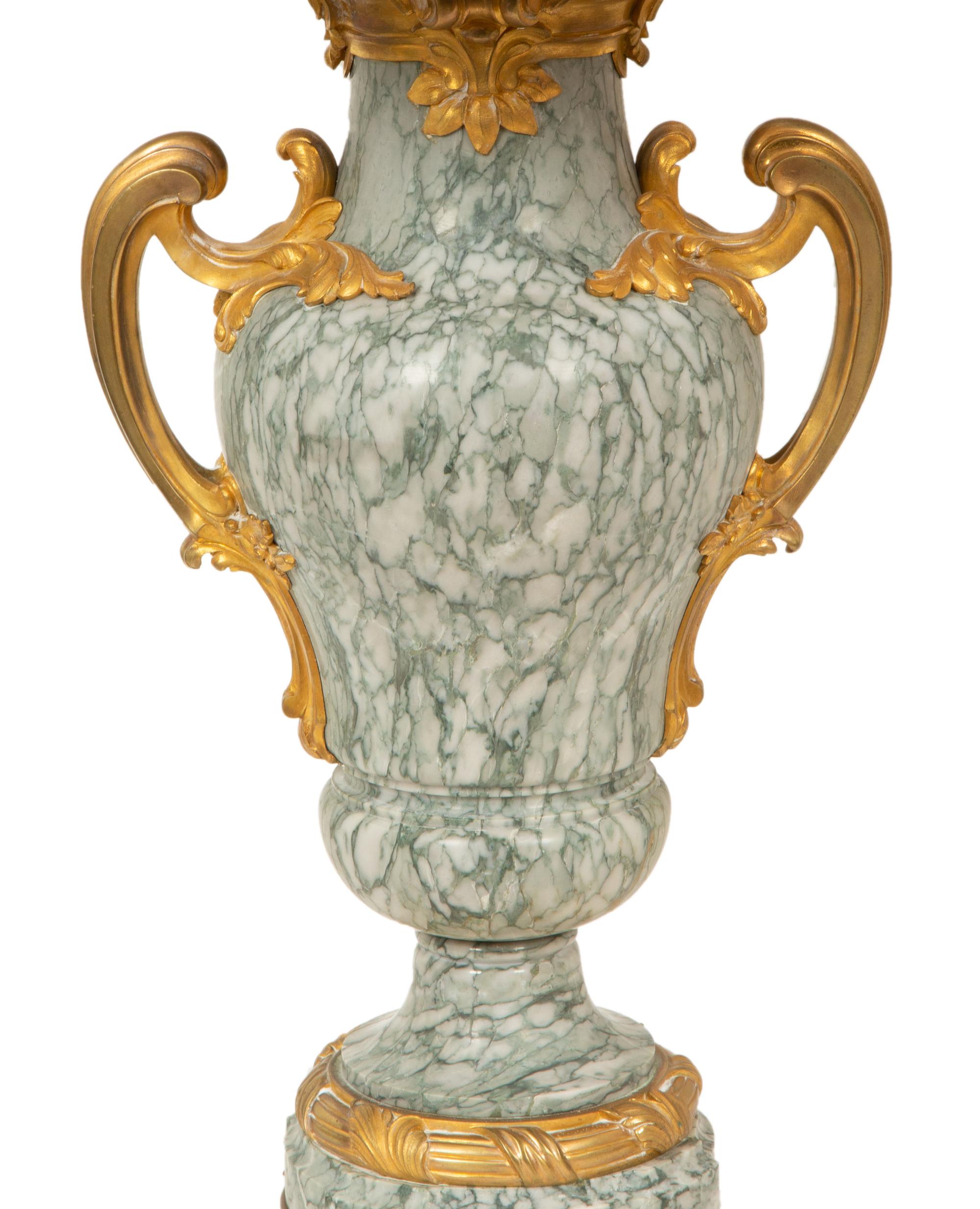 A Pair of Louis XV Style Gilt Bronze Mounted Marble Urns Mounted as Lamps