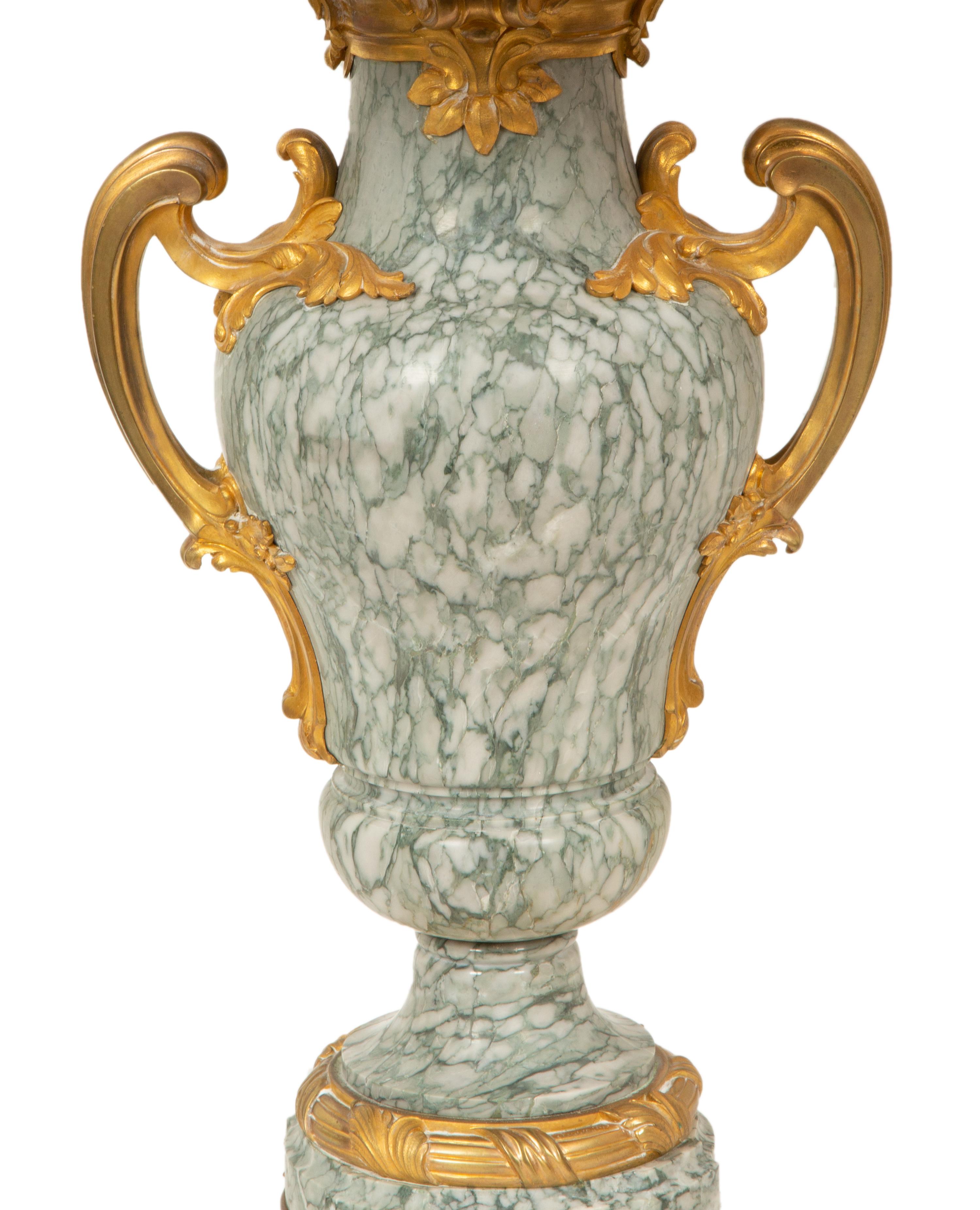 A Pair of Louis XV Style Gilt Bronze Mounted Marble Urns Mounted as Lamps