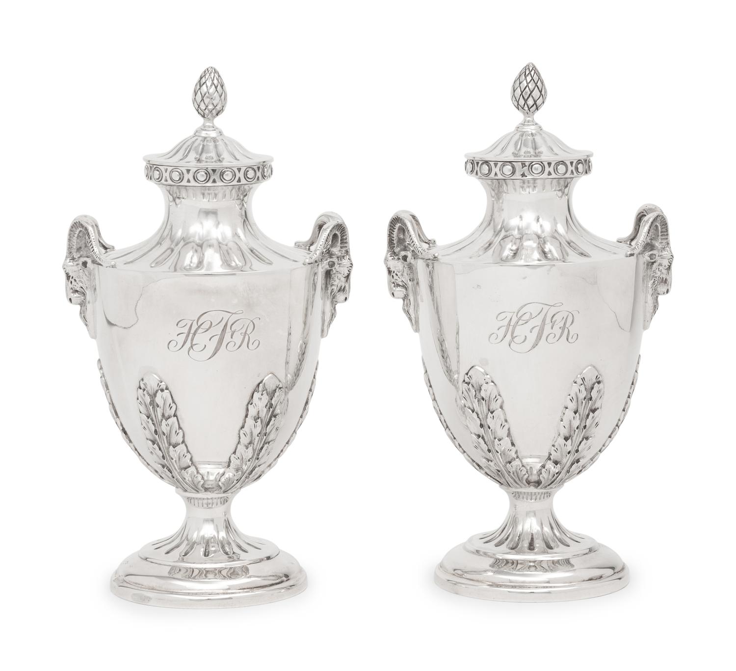 A Pair of English Silver Covered Vases