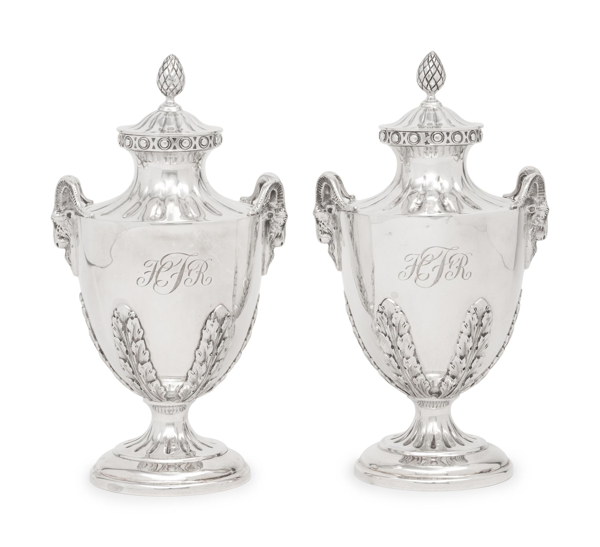 A Pair of English Silver Covered Vases