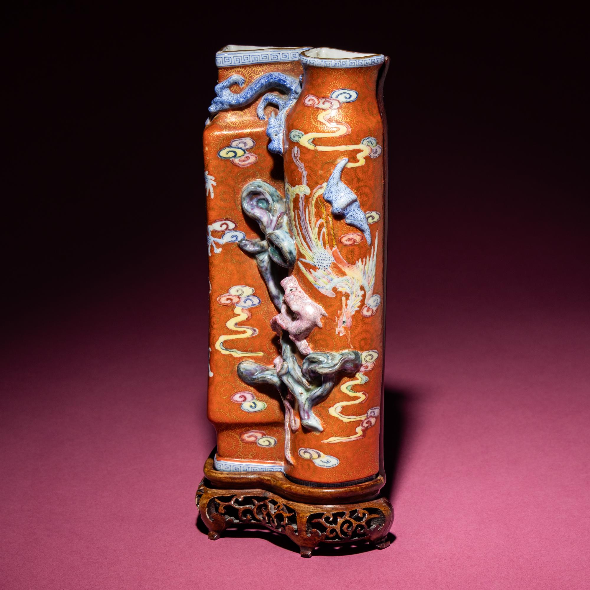 A Chinese Famille Rose 'Dragon and Phoenix' Gilt on Coral Ground Double Wall Vase, Biping , 19th Century — 清晚期 珊瑚紅地粉彩凸塑龍紋雙聯瓶