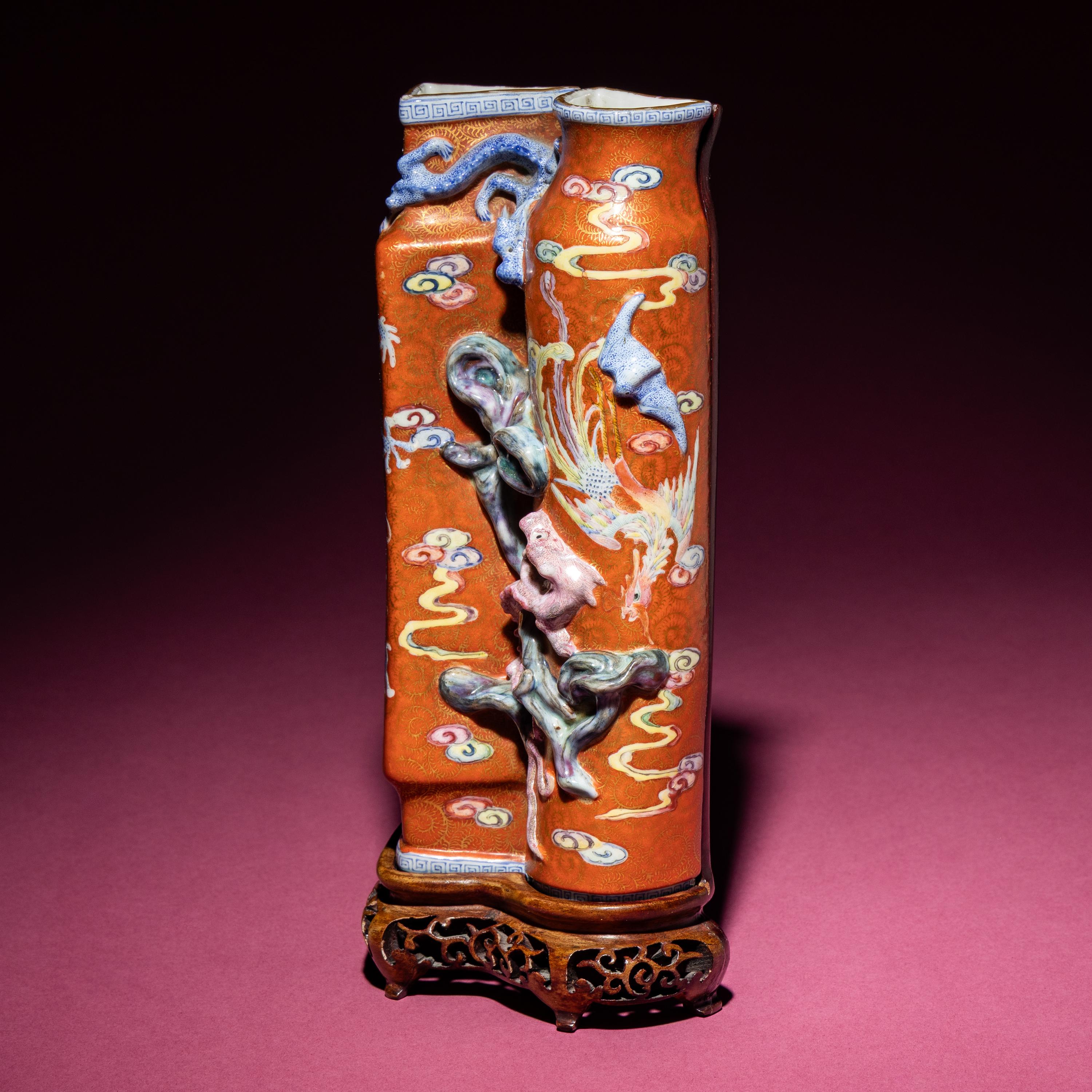 A Chinese Famille Rose 'Dragon and Phoenix' Gilt on Coral Ground Double Wall Vase, Biping , 19th Century — 清晚期 珊瑚紅地粉彩凸塑龍紋雙聯瓶